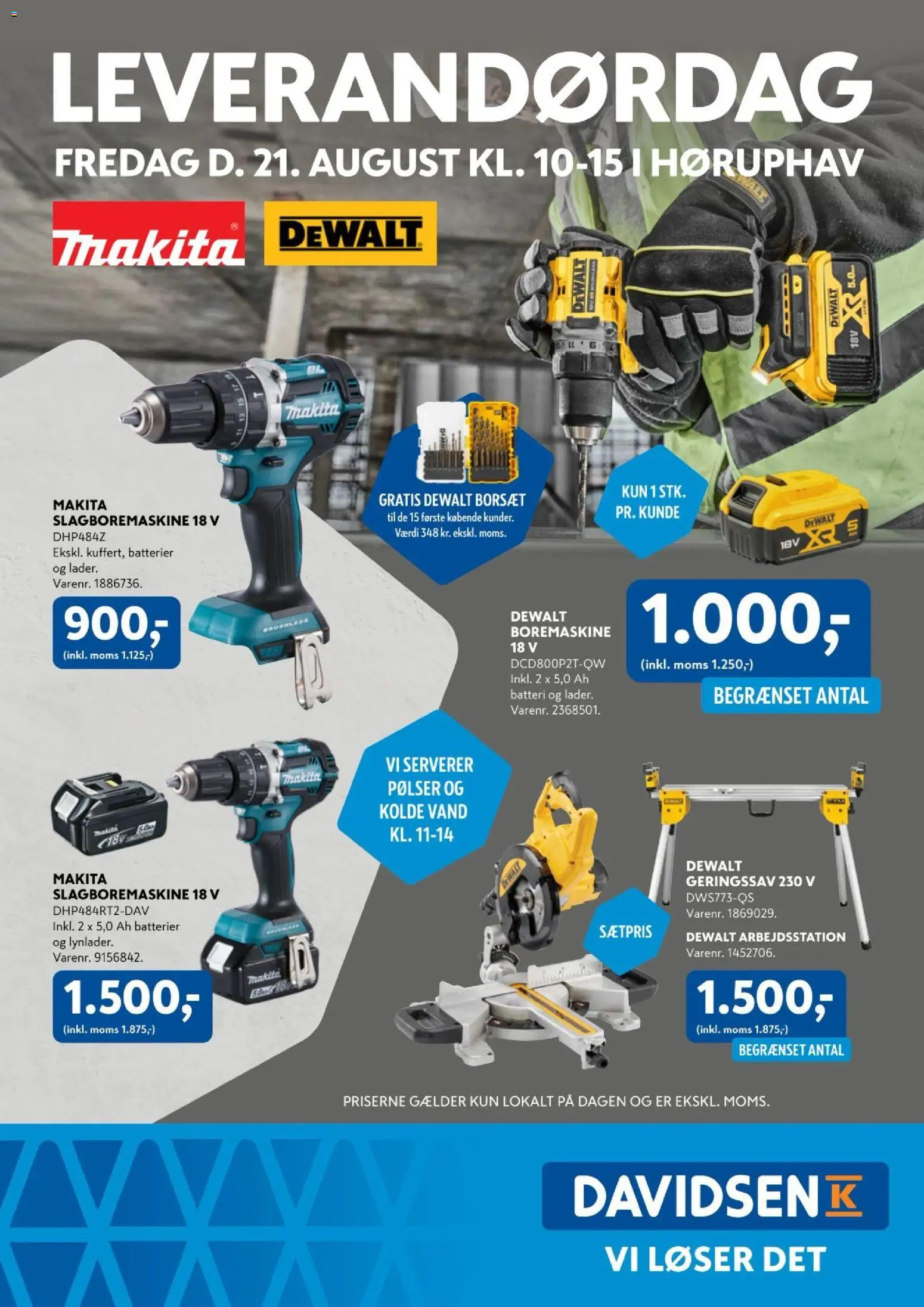 Eksempel på tilbudsavis Davidsen - Makita-Dewalt Høruphav fra butik Davidsen gyldig fra 21/08/2026 - Batteri, Boremaskine, Batterier, Pølser