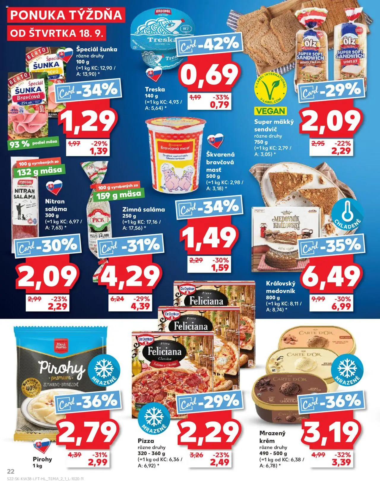 Náhľad Kaufland letáku platného od 18.09.2025 - Pizza, Pirohy, Medovník, Treska, Šunka, Sendvič, Saláma, Krém