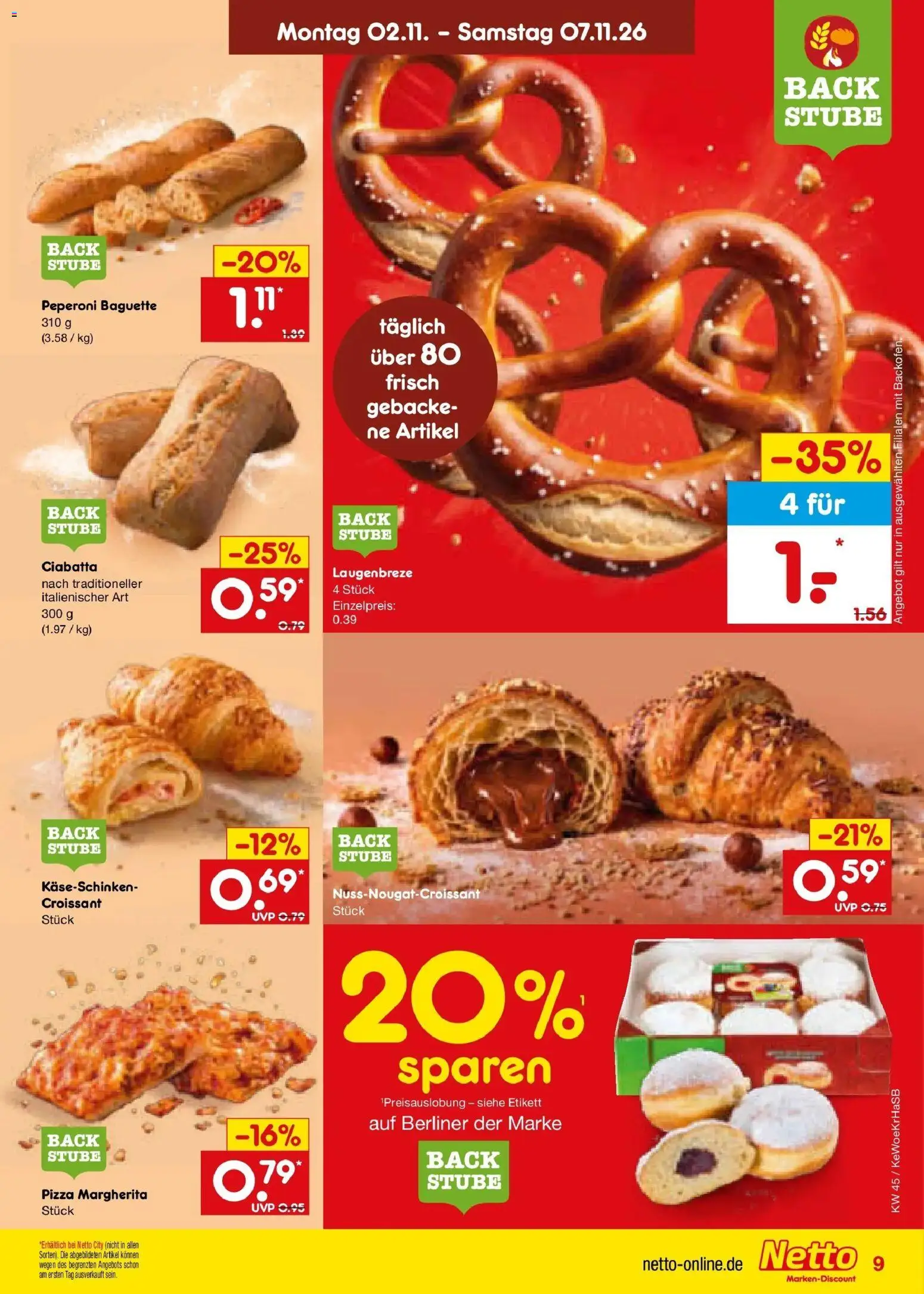 Vorschau von dem Prospekt des Geschäftes Netto Marken-Discount, gültig ab dem 02.11.2026 - Pizza, Croissant, Baguette, Backofen, Berliner