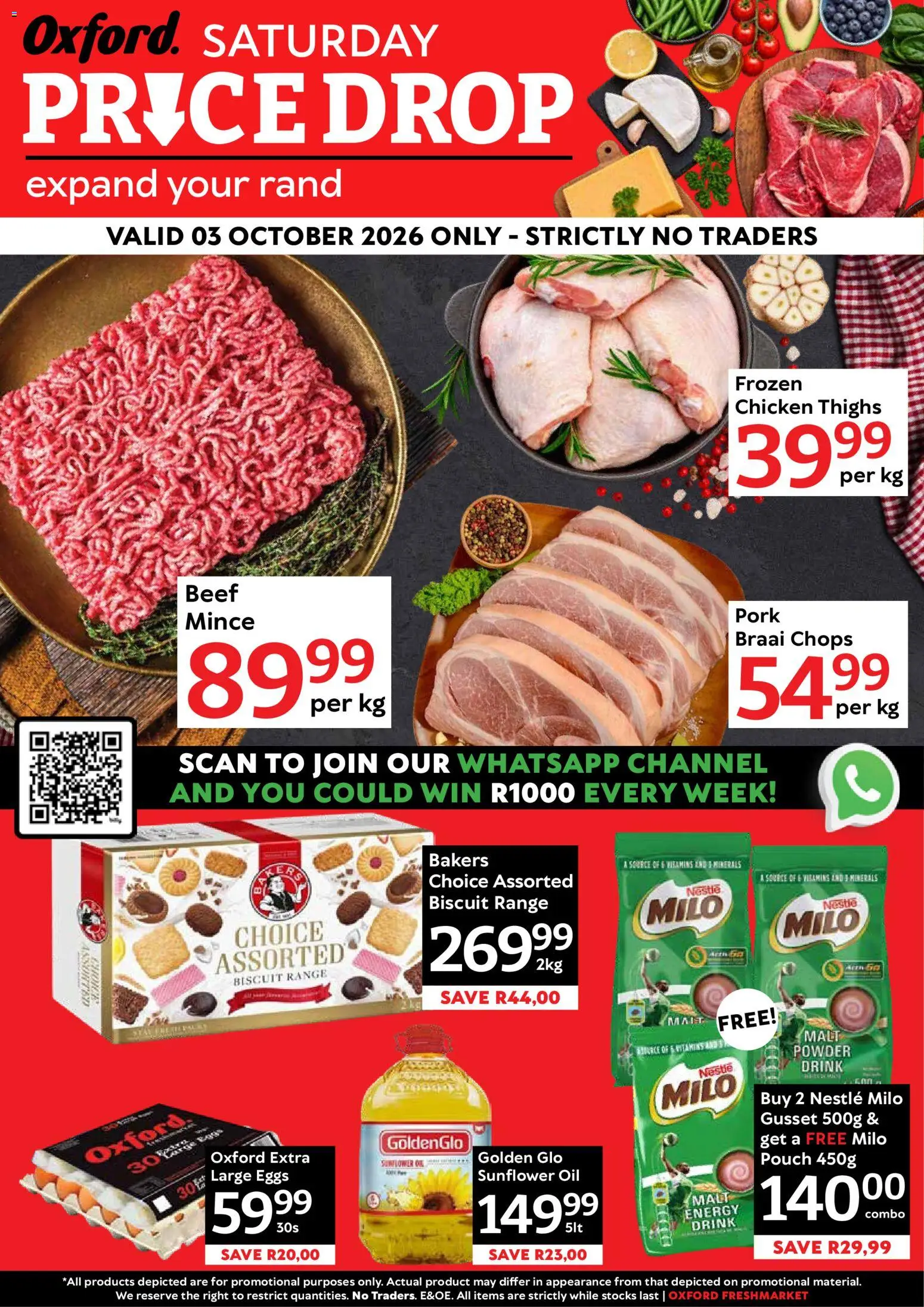 Preview of Oxford Freshmarket flyer valid from 03/10/2026 - Chicken, Eggs, Oil, Thighs, Pork, Beef, Powder, Frozen chicken