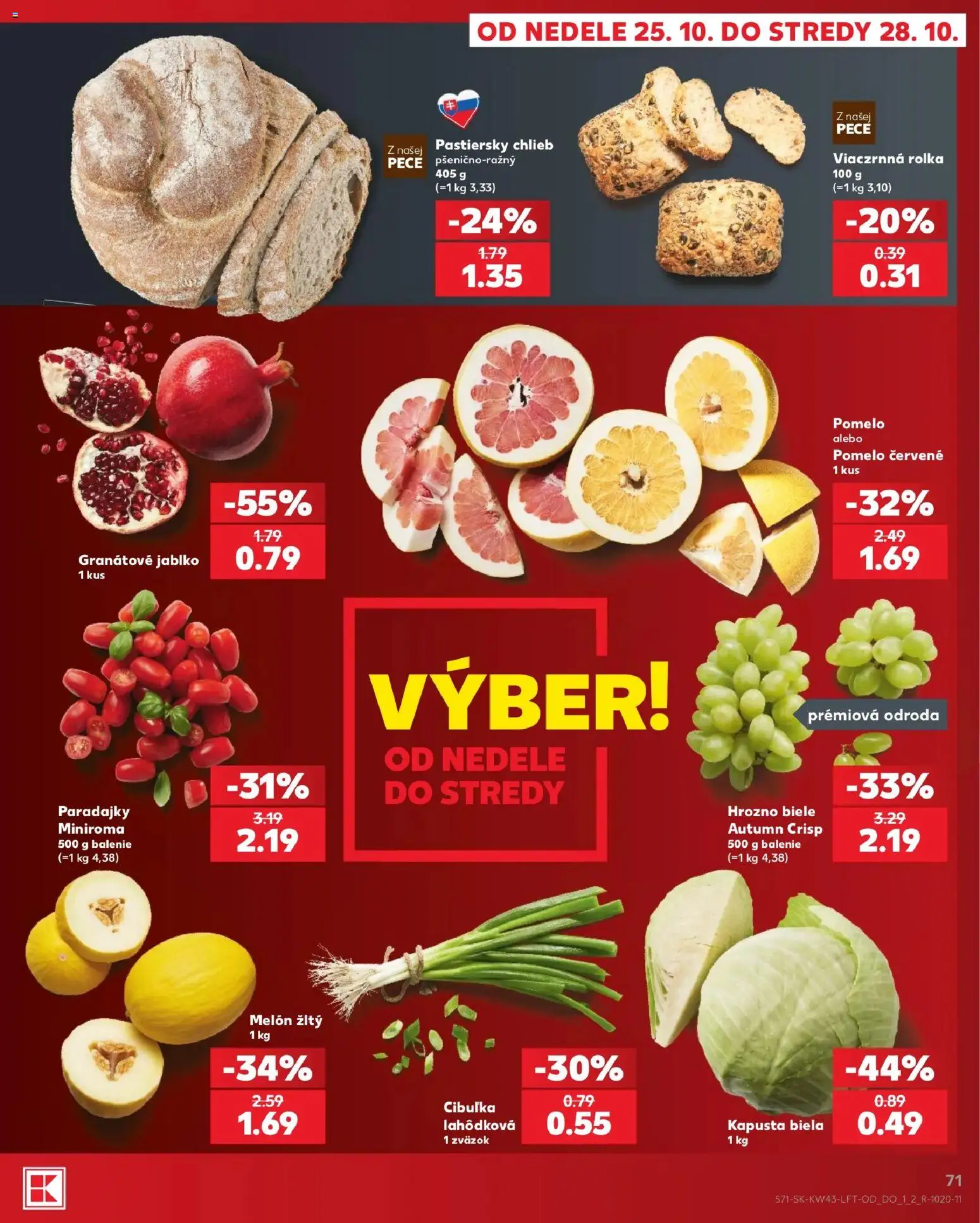 Náhľad Kaufland letáku platného od 22.10.2026 - Chlieb, Paradajky, Kapusta, Pomelo, Hrozno, Granátové jablko, Melón, Kapusta biela
