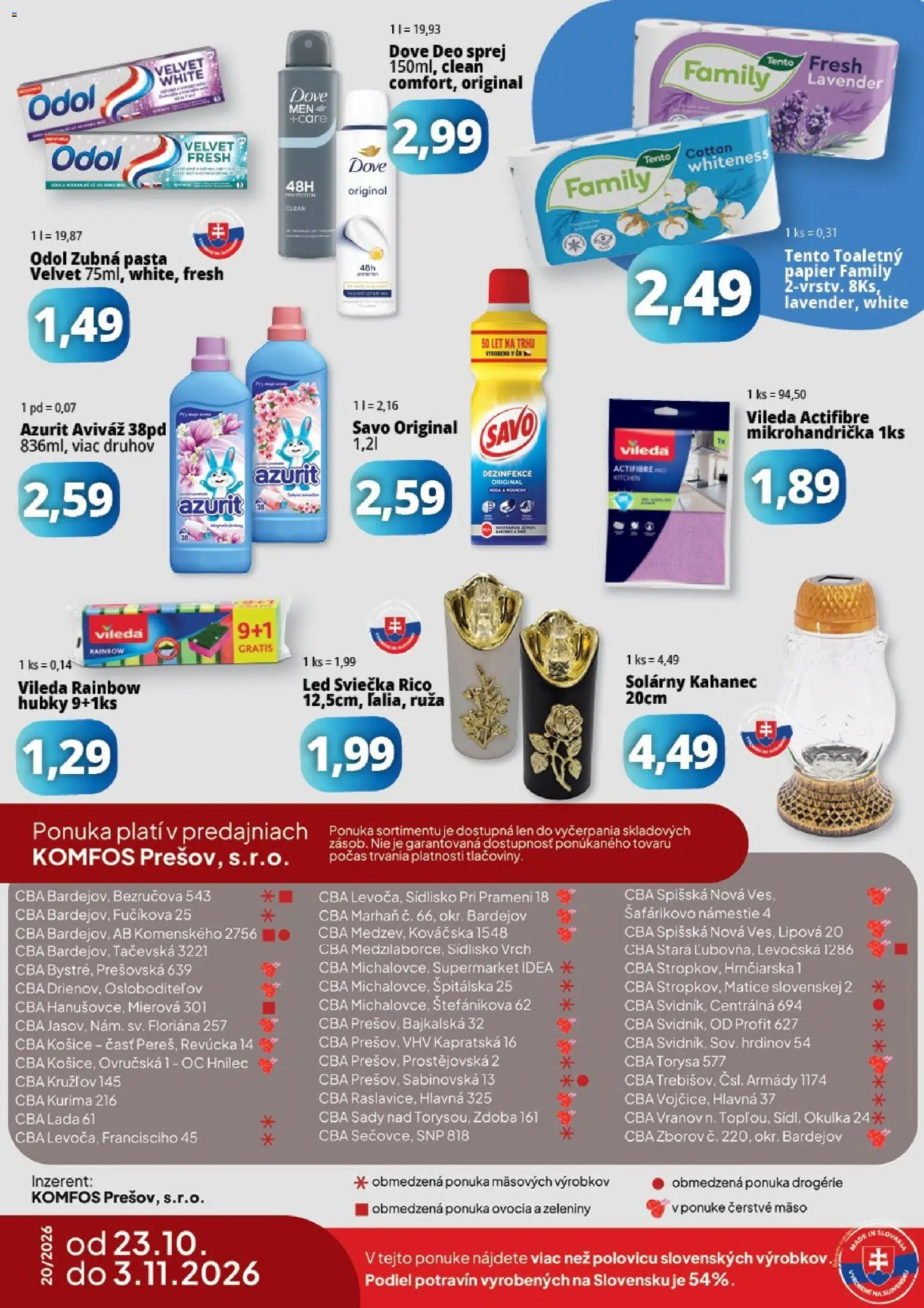 Náhľad CBA Komfos letáku platného od 23.10.2026 - Mäso, Led, Savo, Aviváž, Zubná pasta
