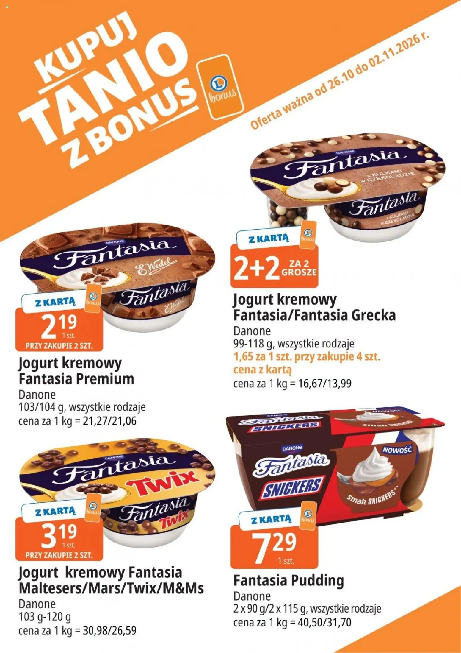 Pogląd gazetki "E.Leclerc gazetka - Kupuj Tanio Z Bonus" ze sklepu E.Leclerc ważnej od 26.10.2026 - Snickers, Karta, Jogurt, Jogurt kremowy