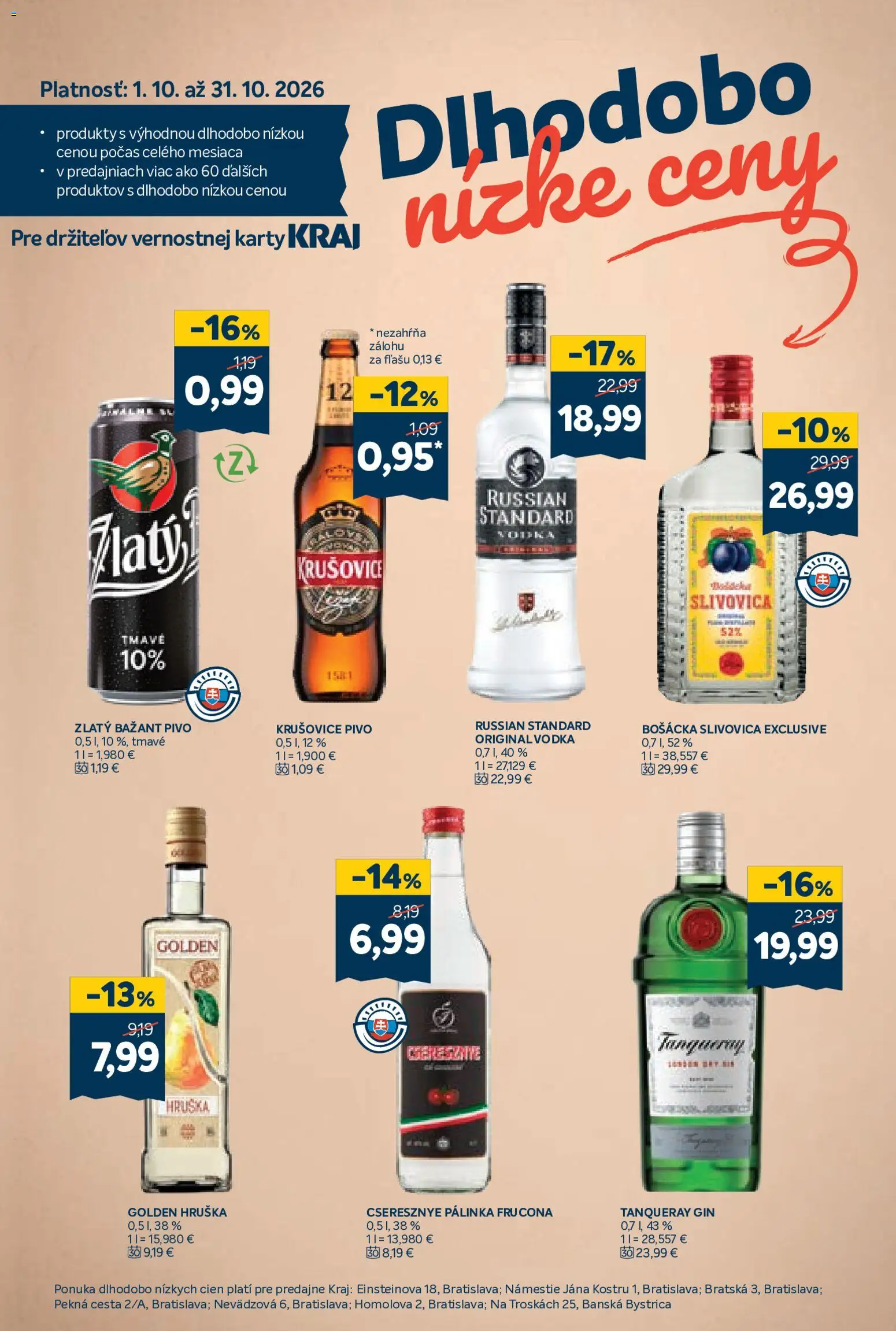 Náhľad Kraj letáku platného od 29.10.2026 - Pivo, Vodka, Gin, Slivovica, Bošácka slivovica, Krušovice, Zlatý Bažant, Russian Standard