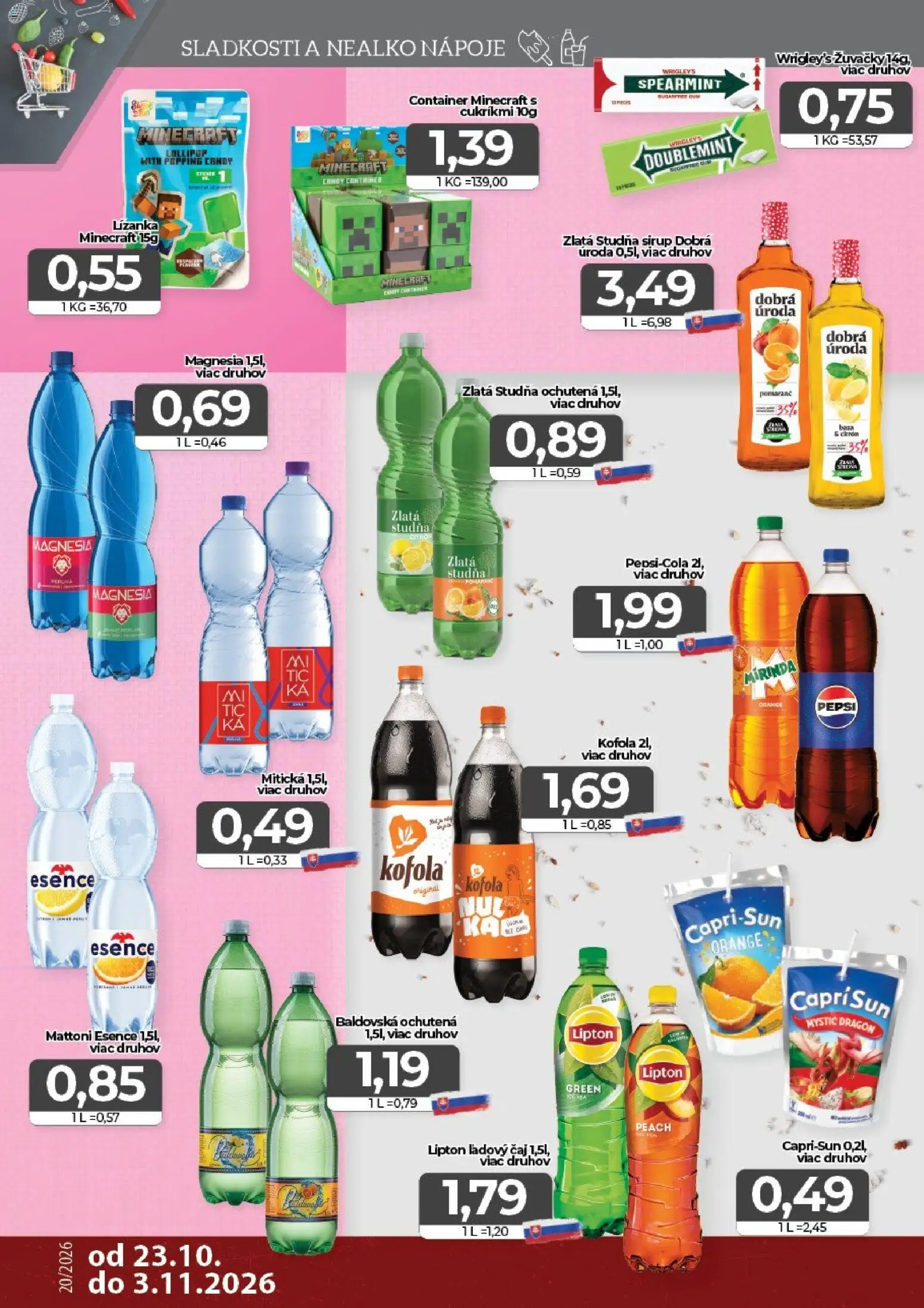 Náhľad CBA Komfos letáku platného od 23.10.2026 - Čaj, Pepsi, Žuvačky, Magnesia, Mirinda, Nápoje, Ľadový čaj, Mitická
