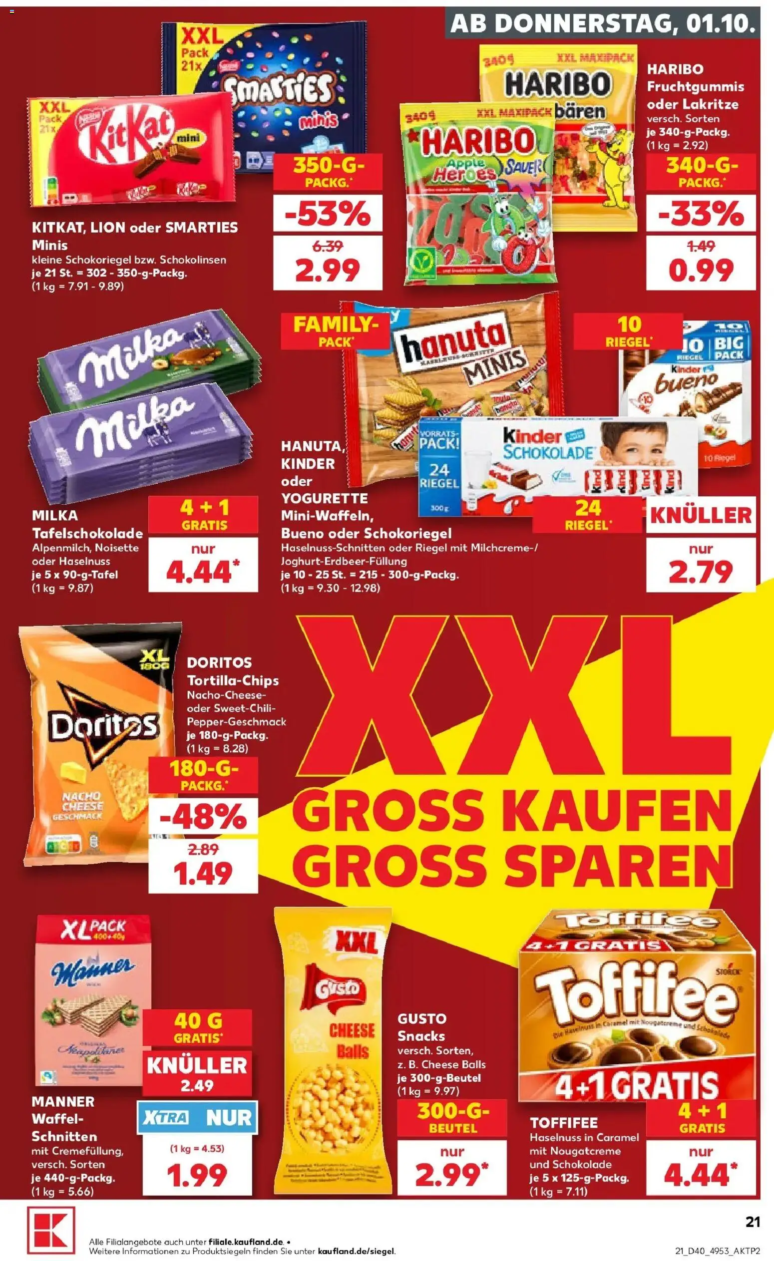 Vorschau von dem Prospekt des Geschäftes Kaufland, gültig ab dem 01.10.2026 - Apple, Schokolade, Haribo, Milka, Toffifee, Yogurette, Smarties, Kinder schokolade