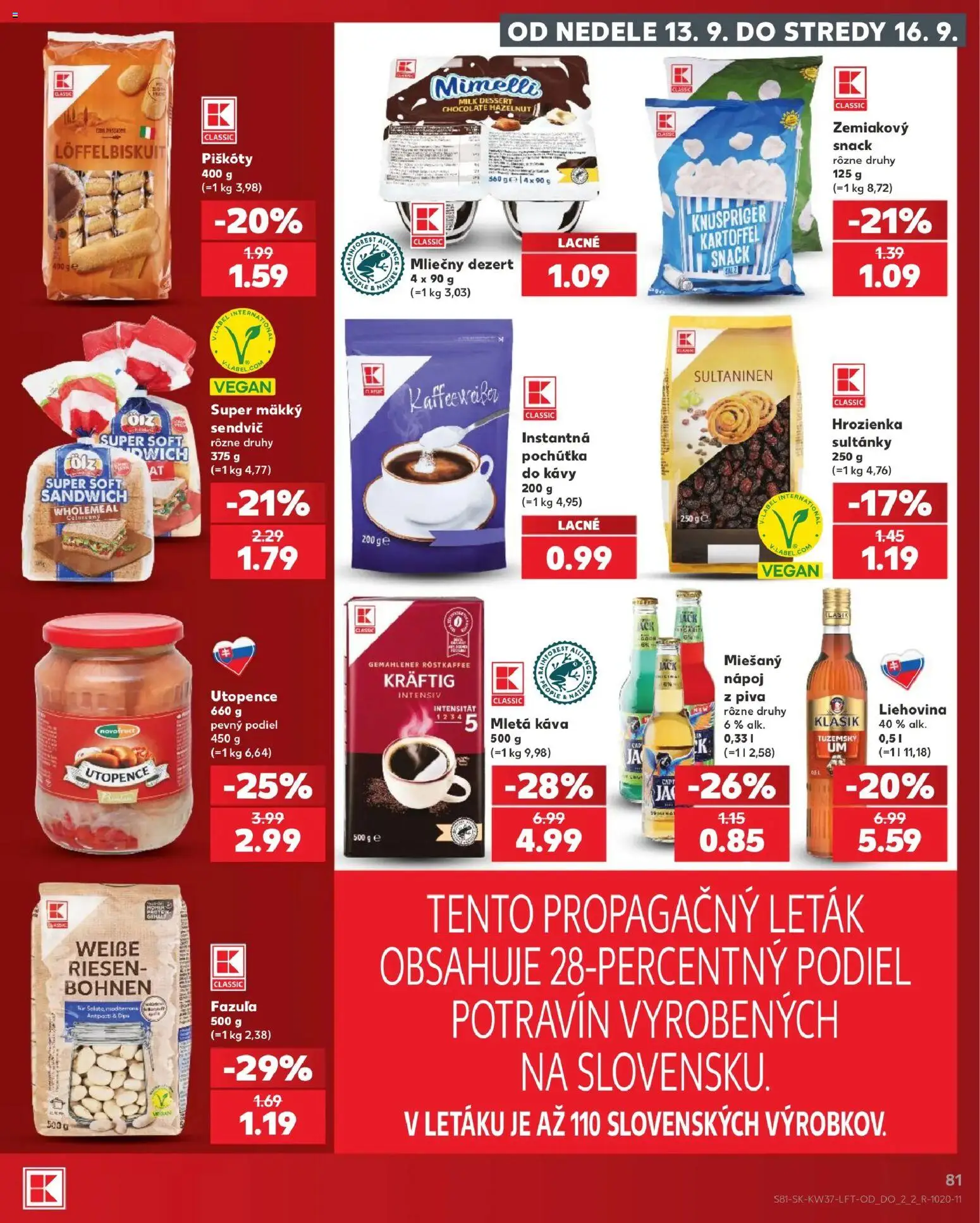 Náhľad Kaufland letáku platného od 10.09.2026 - Káva, Dezert, Fazuľa, Sendvič, Hrozienka, Piškóty, Mletá káva