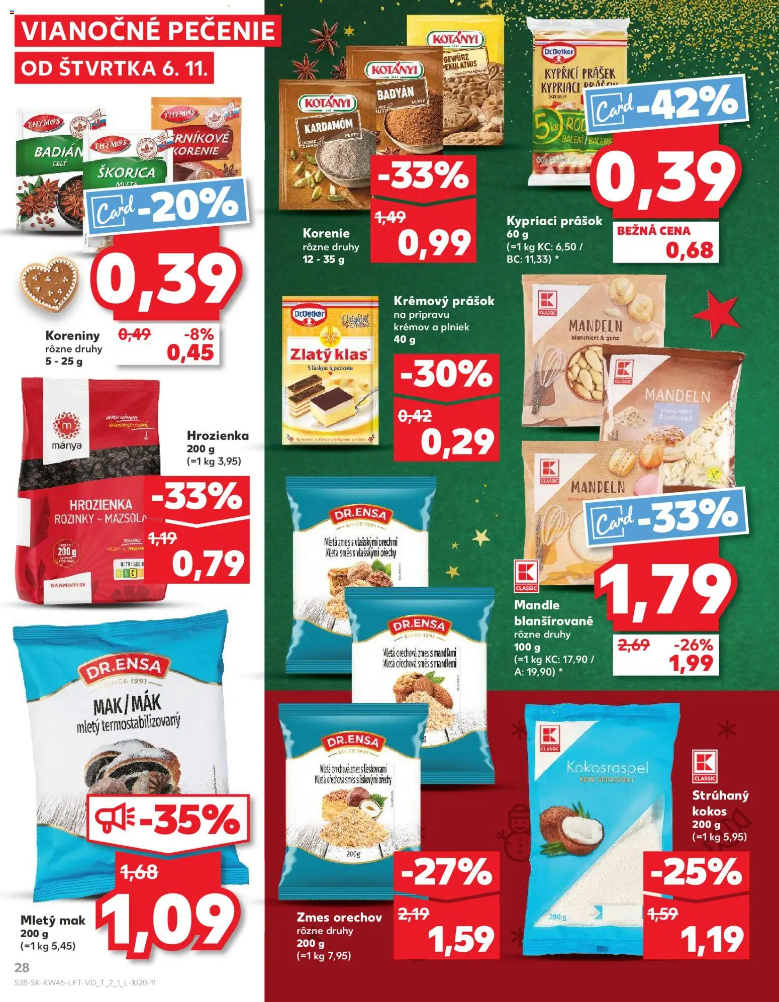 Náhľad Kaufland letáku platného od 06.11.2025 - Orechy, Mandle, Mak, Korenie, Zlatý klas, Hrozienka