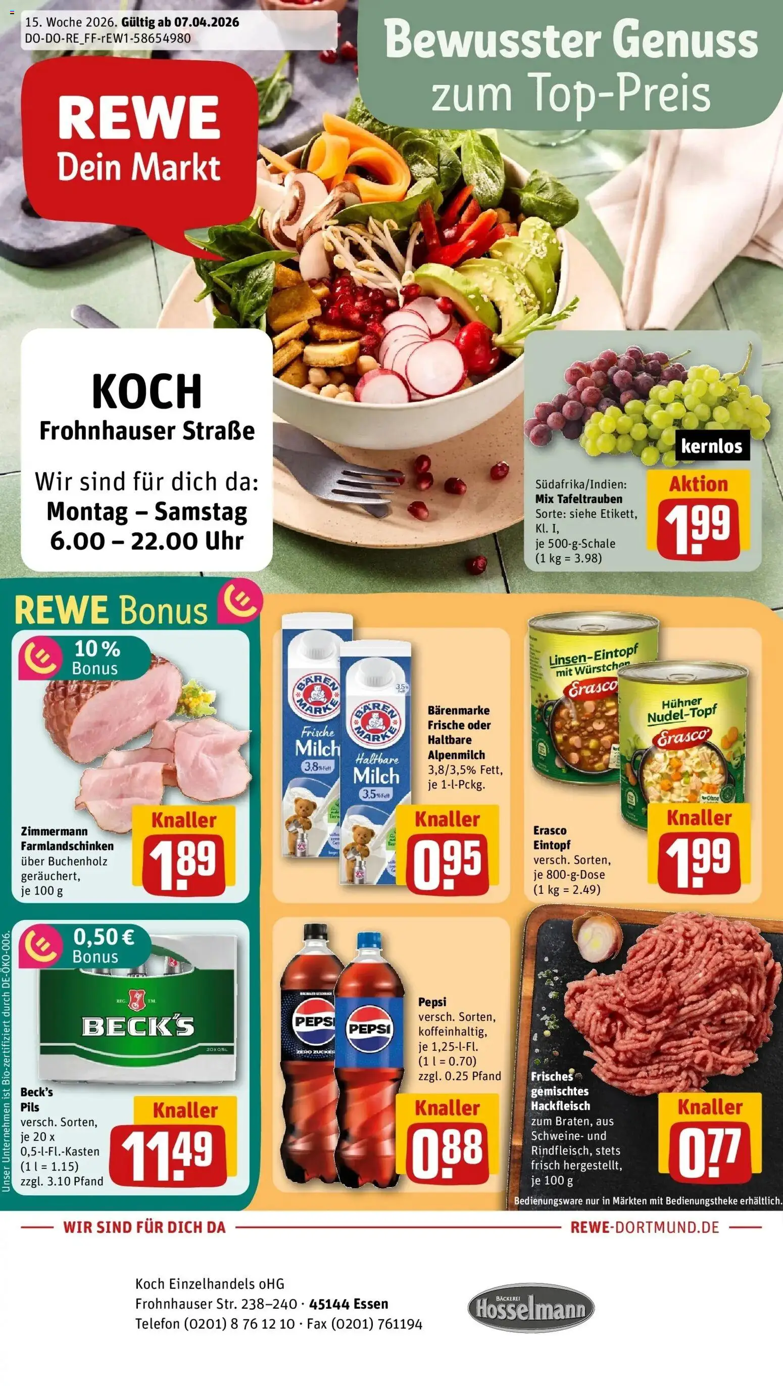Vorschau von dem Prospekt des Geschäftes Rewe, gültig ab dem 05.04.2026 - Bäckerei, Uhr, Telefon, Cola, Milch, Pepsi, Pils, Erasco