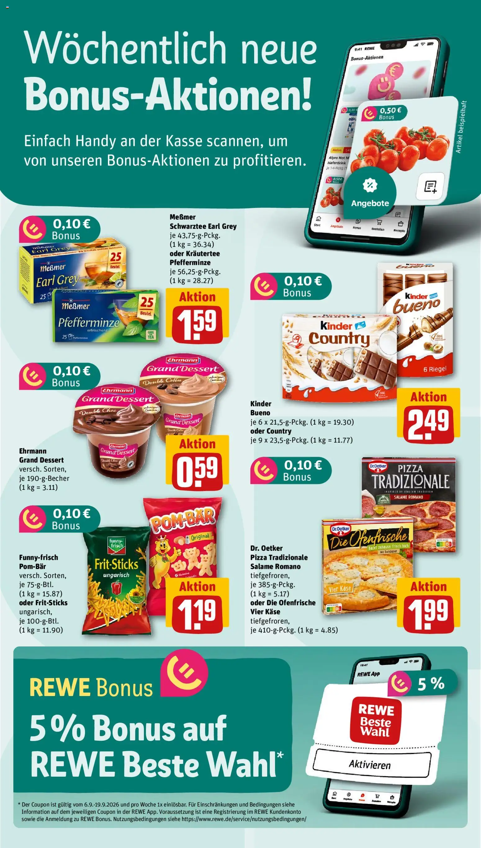 Vorschau von dem Prospekt des Geschäftes Rewe, gültig ab dem 07.09.2026 - Pizza, Käse, Alpro, Messmer, Kräutertee, Haferdrink, Ofenfrische, Ehrmann grand dessert
