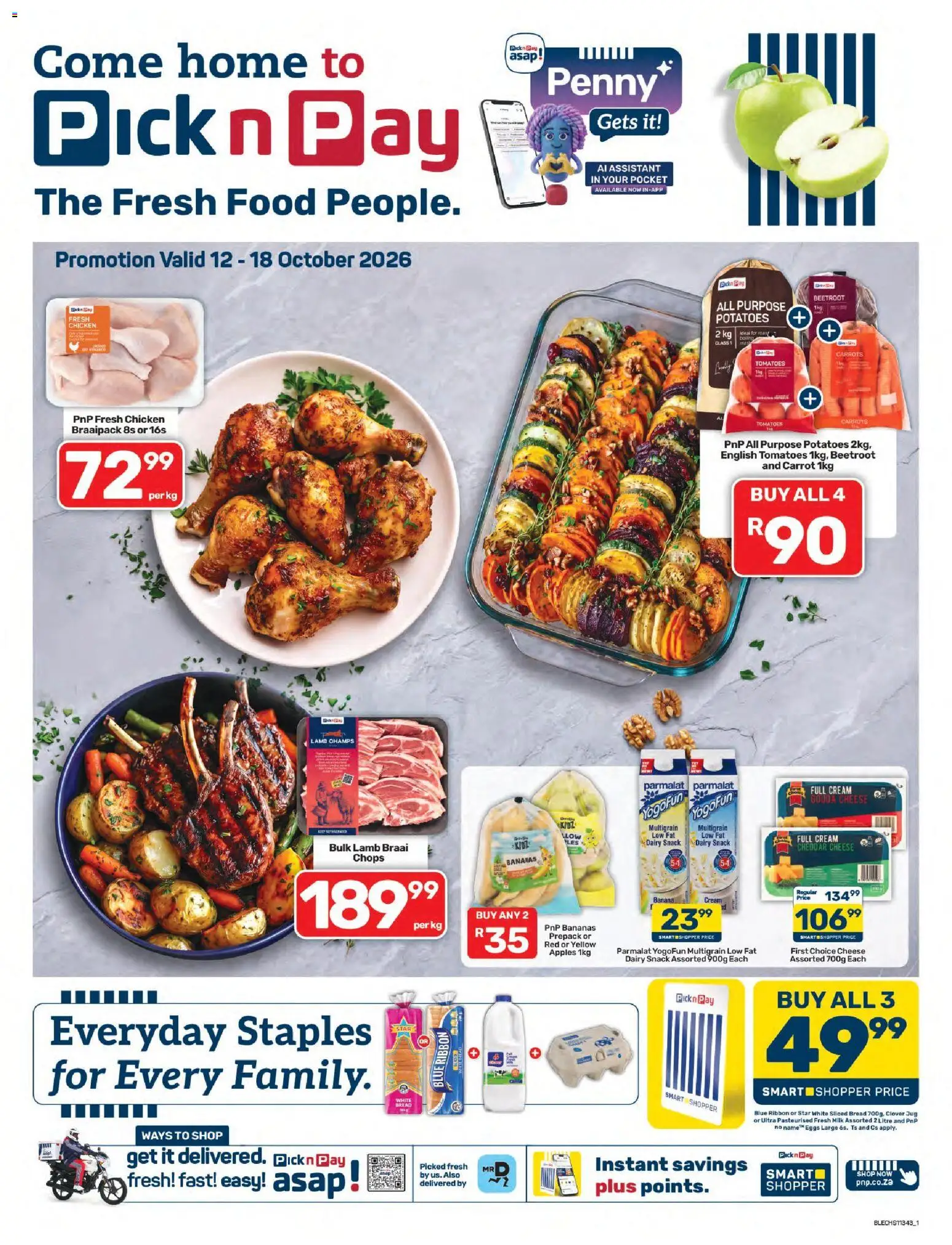 Preview of Pick n Pay flyer valid from 12/10/2026 - Apples, Chicken, Eggs, Cheese, Bread, Bananas, Potatoes, Carrots