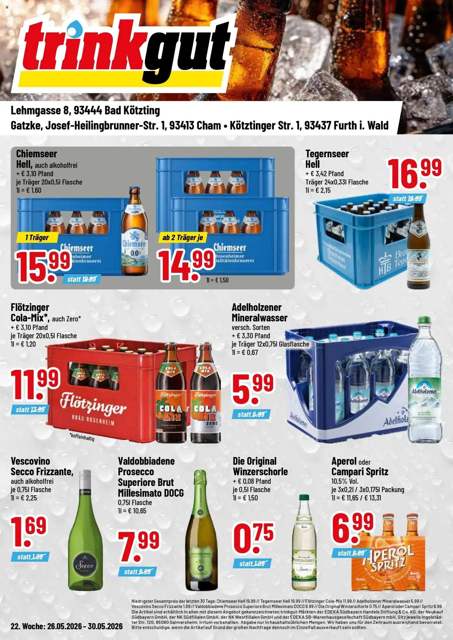 Vorschau von dem Prospekt des Geschäftes Trinkgut, gültig ab dem 26.05.2026 - Aperol, Bad, Cola, Mineralwasser, Prosecco, Campari, Adelholzener