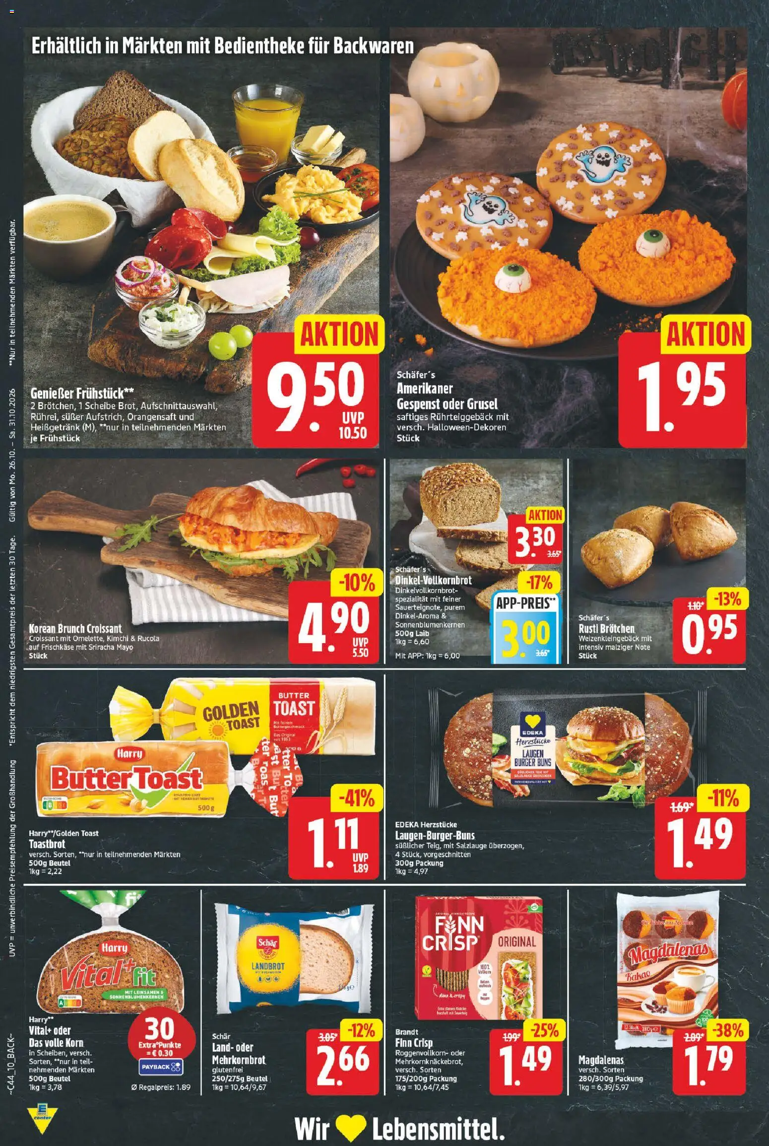 Vorschau von dem Prospekt des Geschäftes E center, gültig ab dem 26.10.2026 - Burger, Butter, Croissant, Rucola, Toastbrot, Toast, Orangensaft, Frischkase