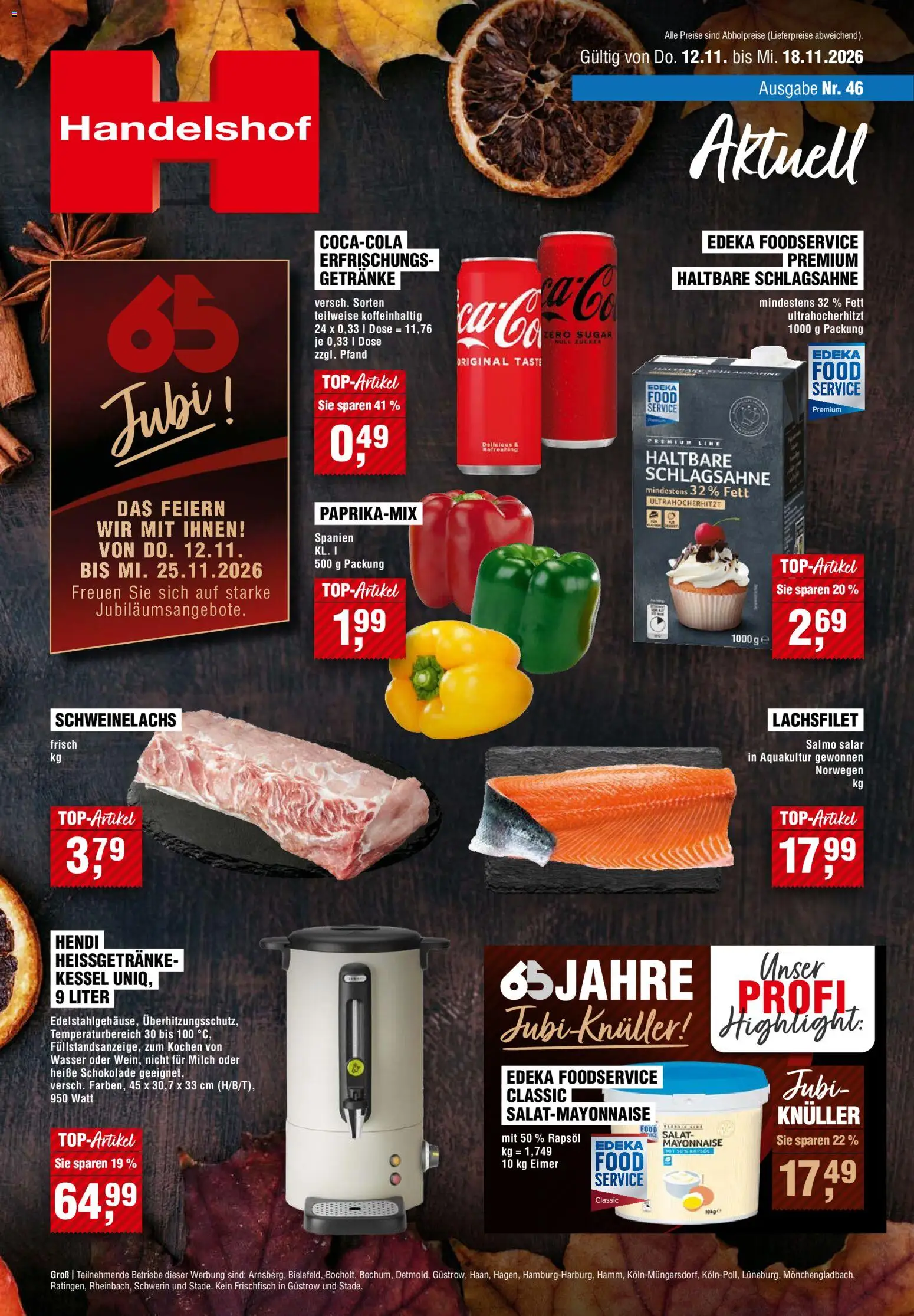 Vorschau von dem Prospekt des Geschäftes Handelshof, gültig ab dem 12.11.2026 - Wasser, Schokolade, Salat, Milch, Mayonnaise, Schlagsahne, Rapsöl, Heiße Schokolade