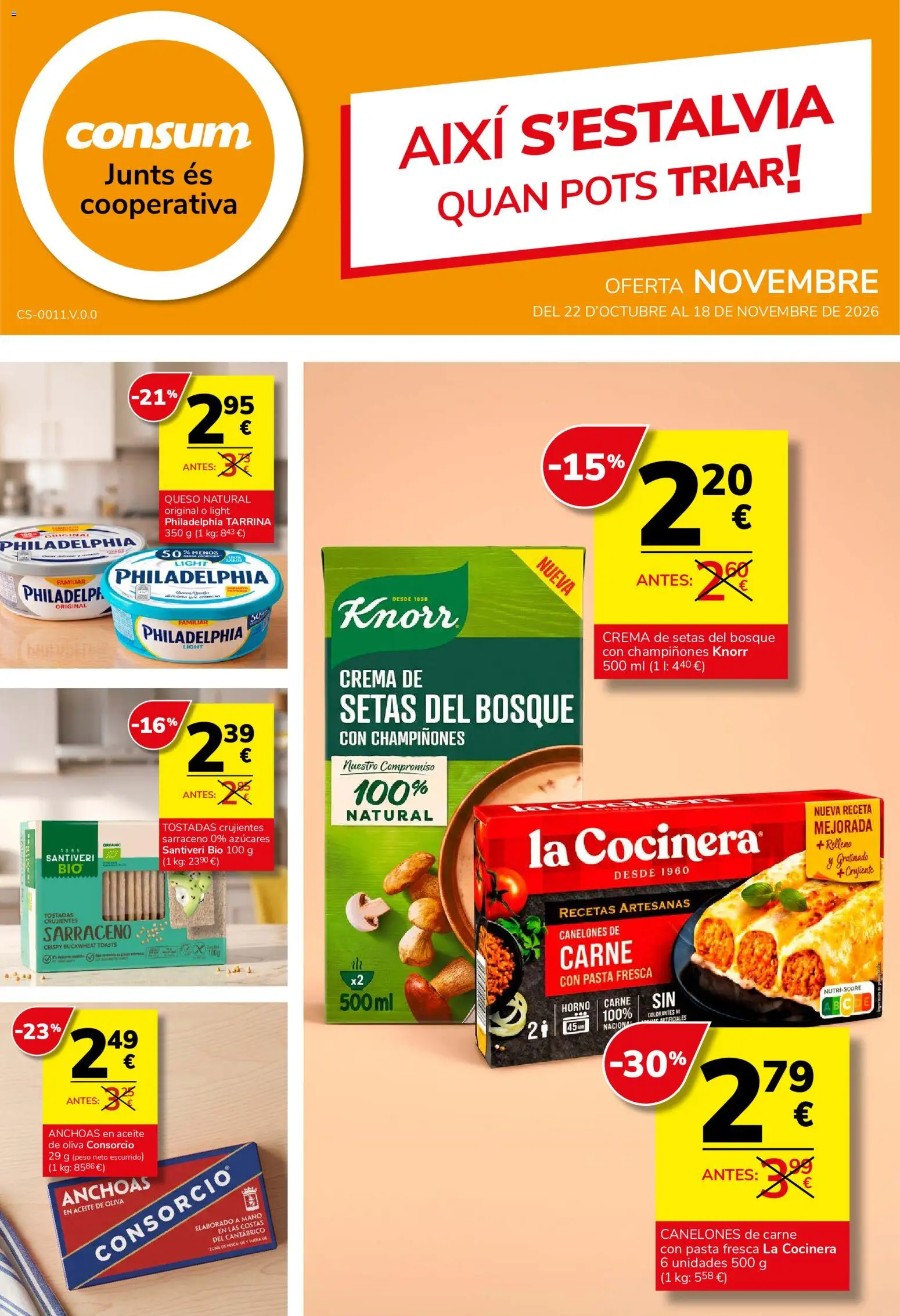Vista previa del folleto de la tienda Consum válido desde el 22/10/2026 - Aceite de oliva, Queso, Horno, Aceite, Carne, Canelones, Crema, Peso