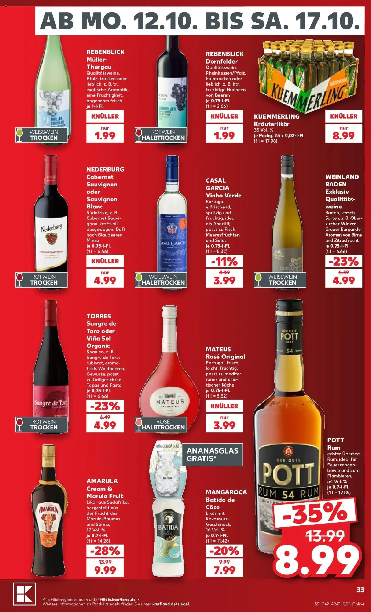 Vorschau von dem Prospekt des Geschäftes Kaufland, gültig ab dem 12.10.2026 - Pasta, Salat, Rum, Birne, Rotwein, Likör, Kuemmerling, Weißwein trocken