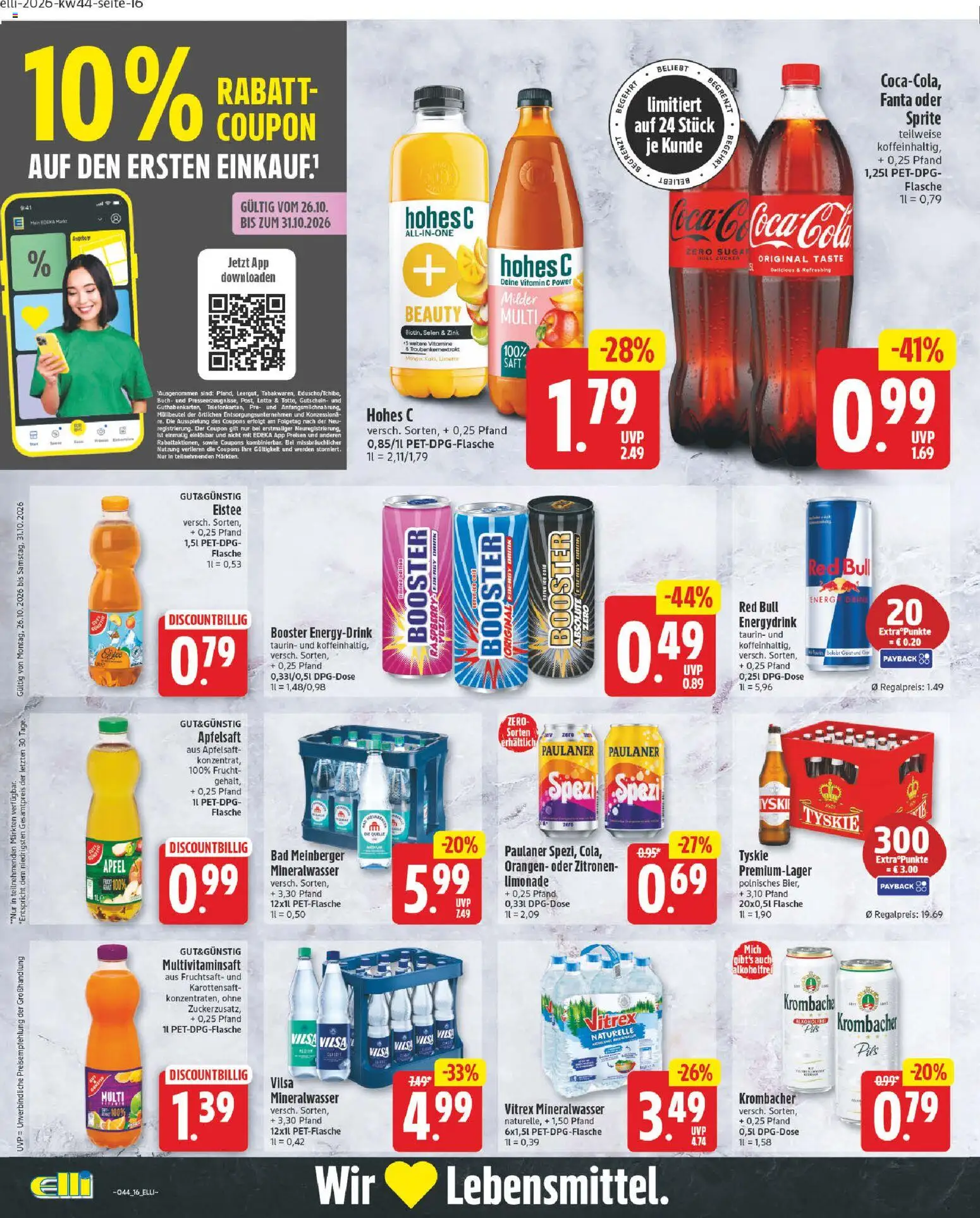 Vorschau von dem Prospekt des Geschäftes Elli Markt, gültig ab dem 26.10.2026 - Red bull, Äpfel, Krombacher, Paulaner, Zitronen, Fanta, Limonade, Volvic touch
