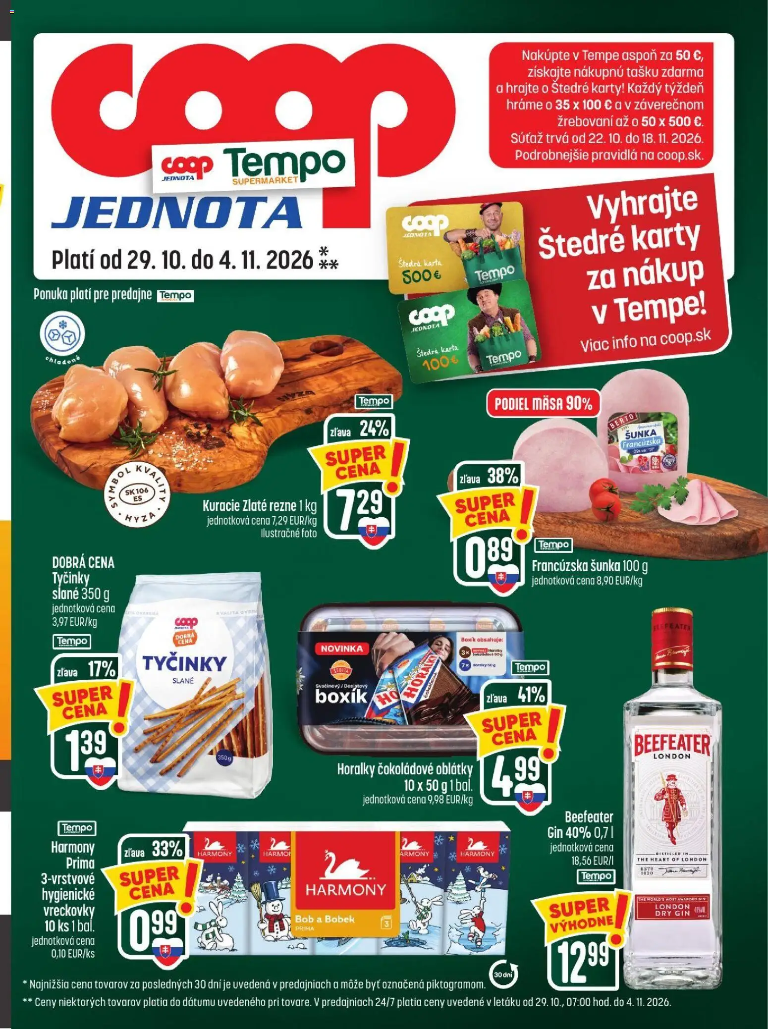 Náhľad COOP Jednota letáku platného od 29.10.2026 - Gin, Beefeater, Šunka, Rezne, Oblátky, Vreckovky, Horálky