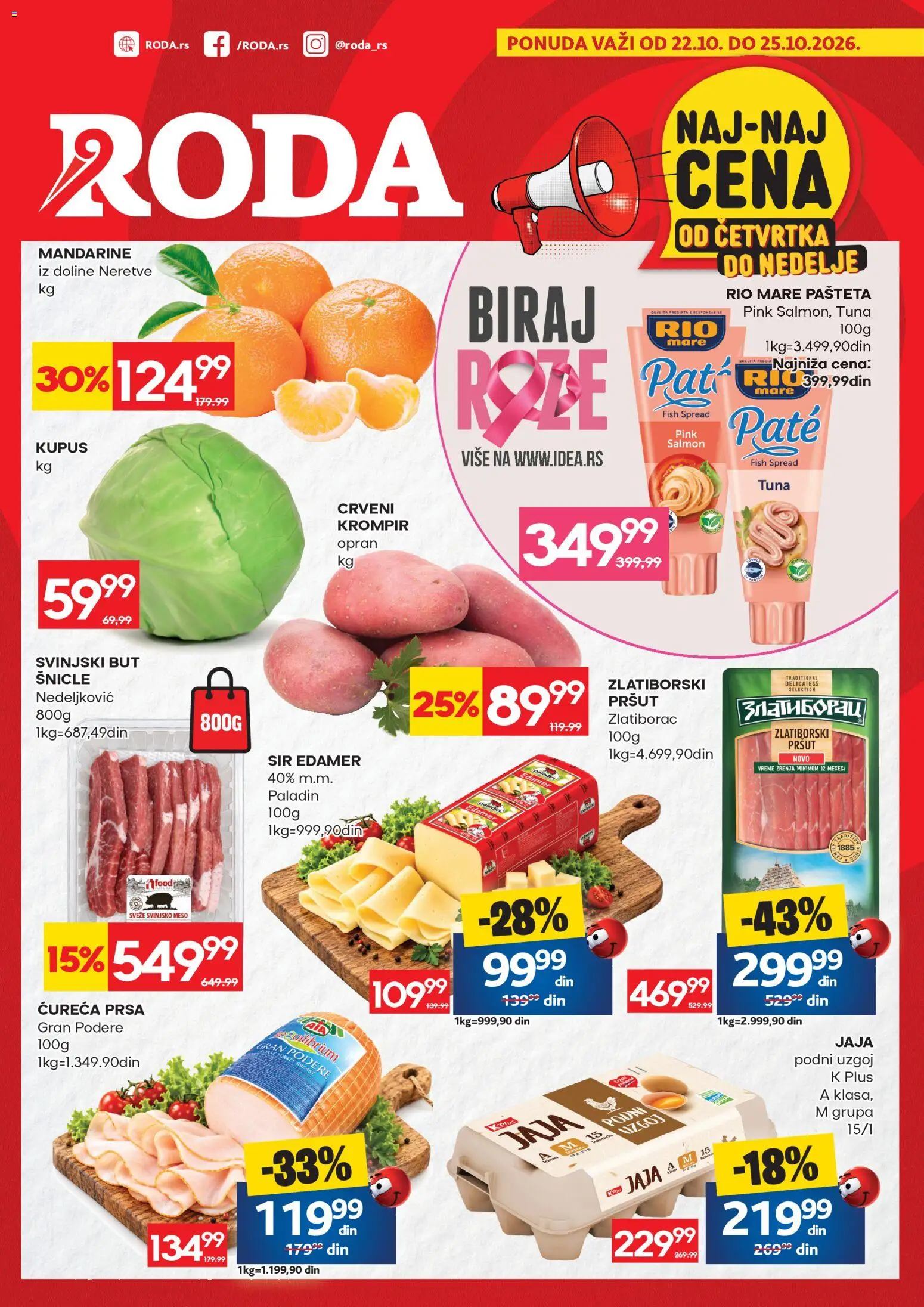 Pregled Roda kataloga - važi od 22.10.2026 - Kupus, Tuna, Sir, Pašteta, Mandarine, Pršut, Crveni krompir, Svinjsko meso