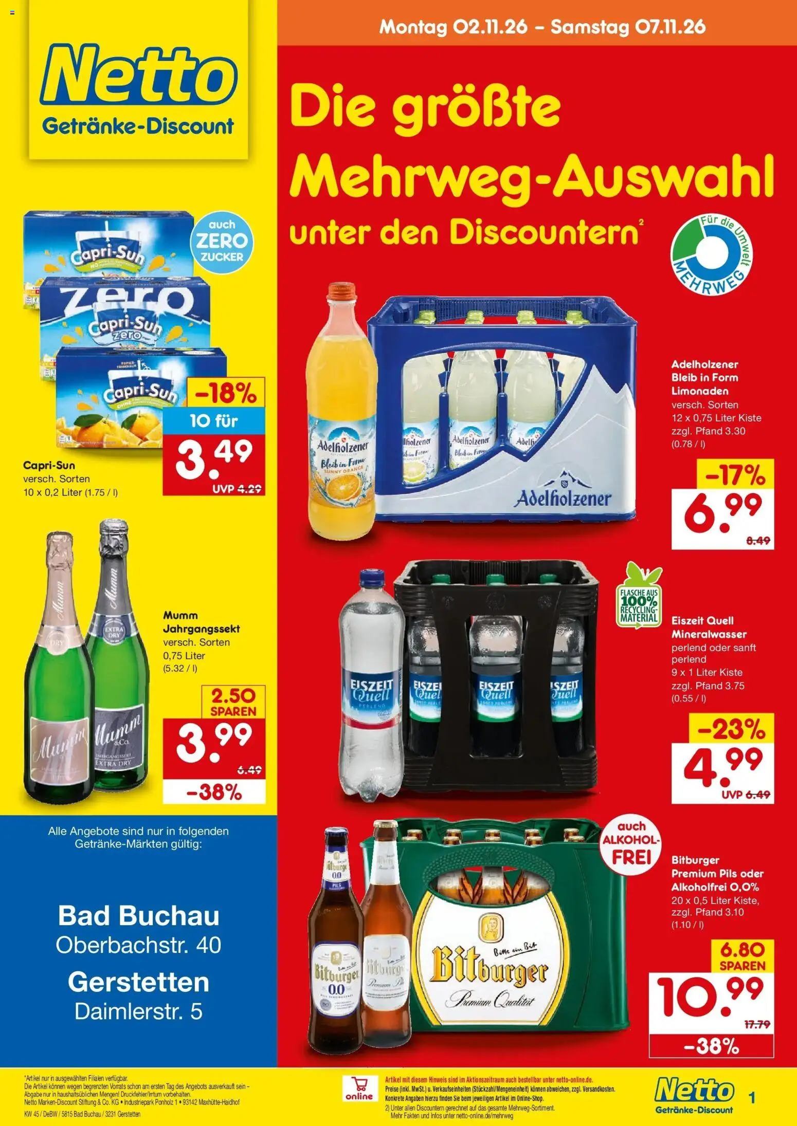 Vorschau von dem Prospekt des Geschäftes Netto Marken-Discount, gültig ab dem 02.11.2026 - Bad, Mineralwasser, Alkohol, Zucker, Capri sun, Bitburger, Adelholzener, Pils