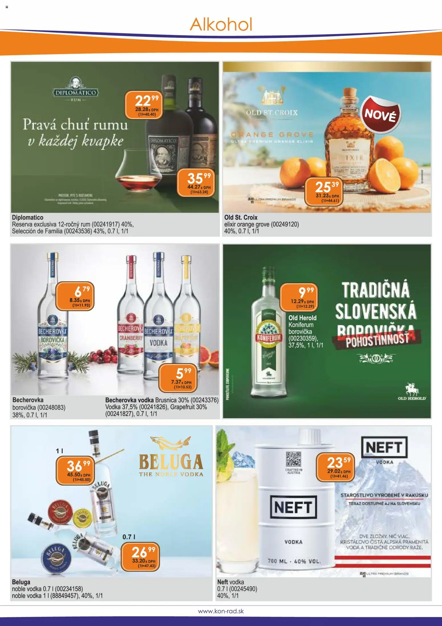 Náhľad KON - RAD letáku platného od 01.11.2026 - Voda, Alkohol, Rum, Vodka, Diplomatico, Borovička, Becherovka, Koniferum