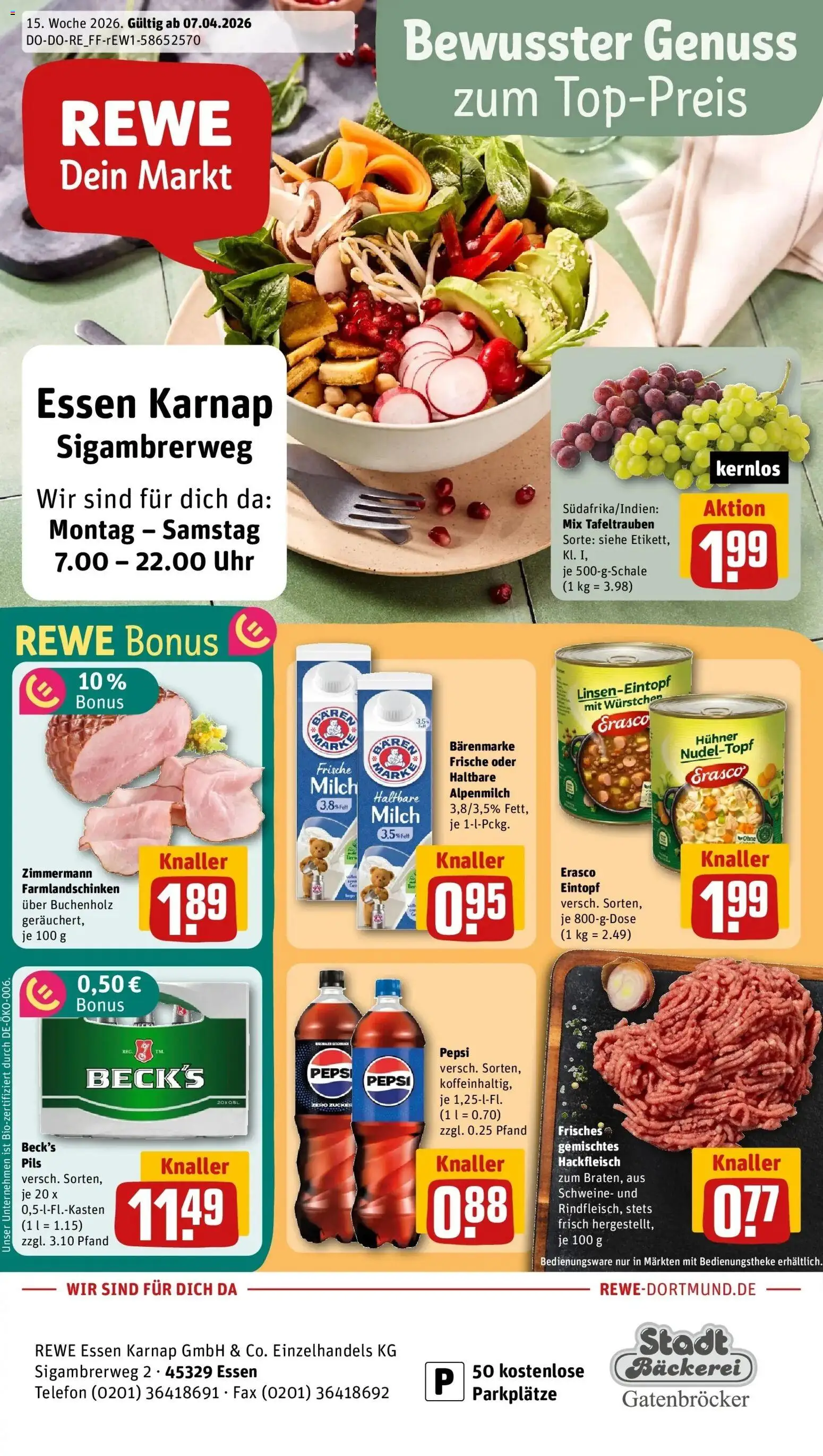 Vorschau von dem Prospekt des Geschäftes Rewe, gültig ab dem 05.04.2026 - Bäckerei, Uhr, Telefon, Milch, Hackfleisch, Pepsi, Pils, Erasco