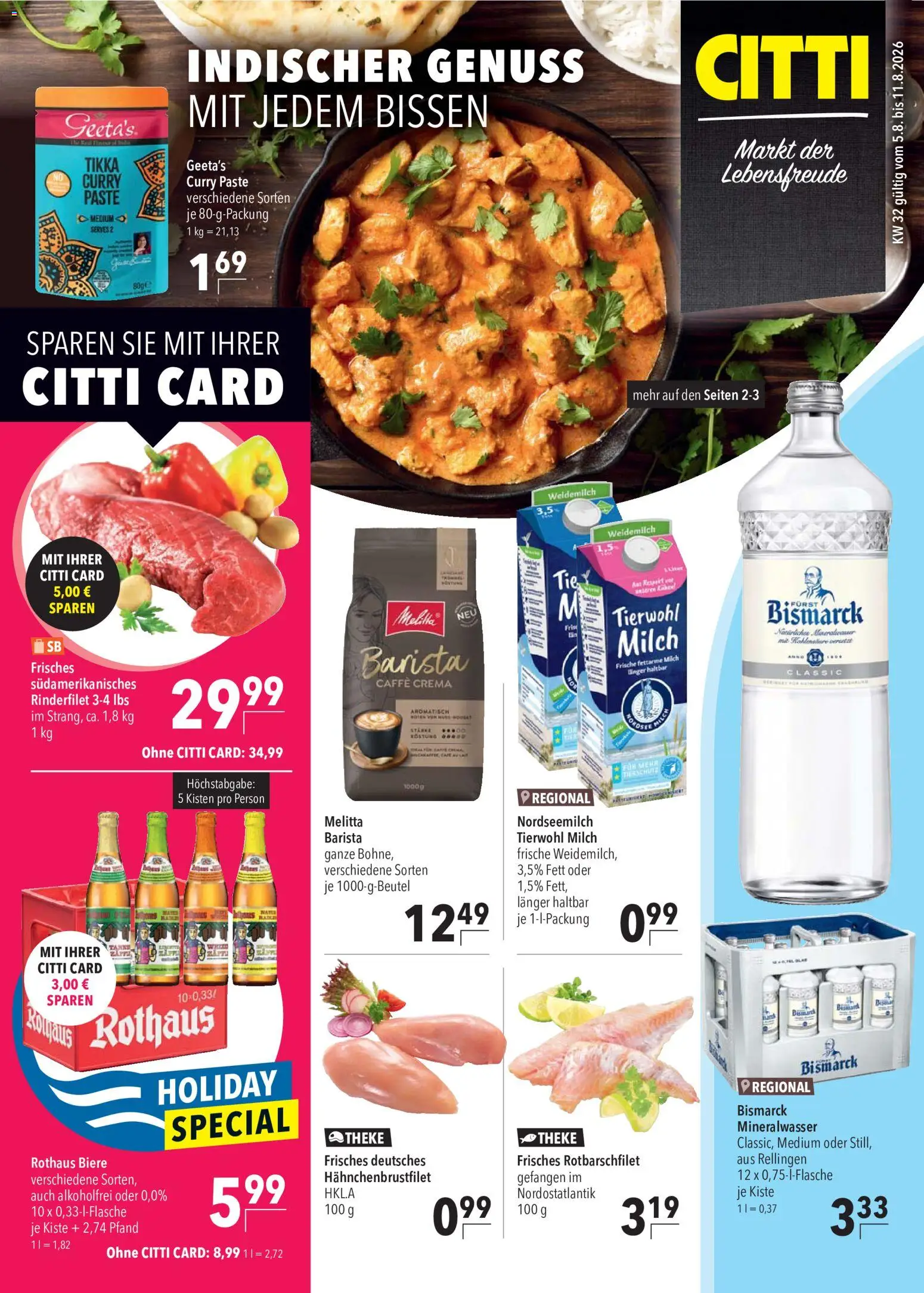 Vorschau von dem Prospekt des Geschäftes CITTI Markt, gültig ab dem 05.08.2026 - Mineralwasser, Milch, Rinderfilet, Melitta, Theke