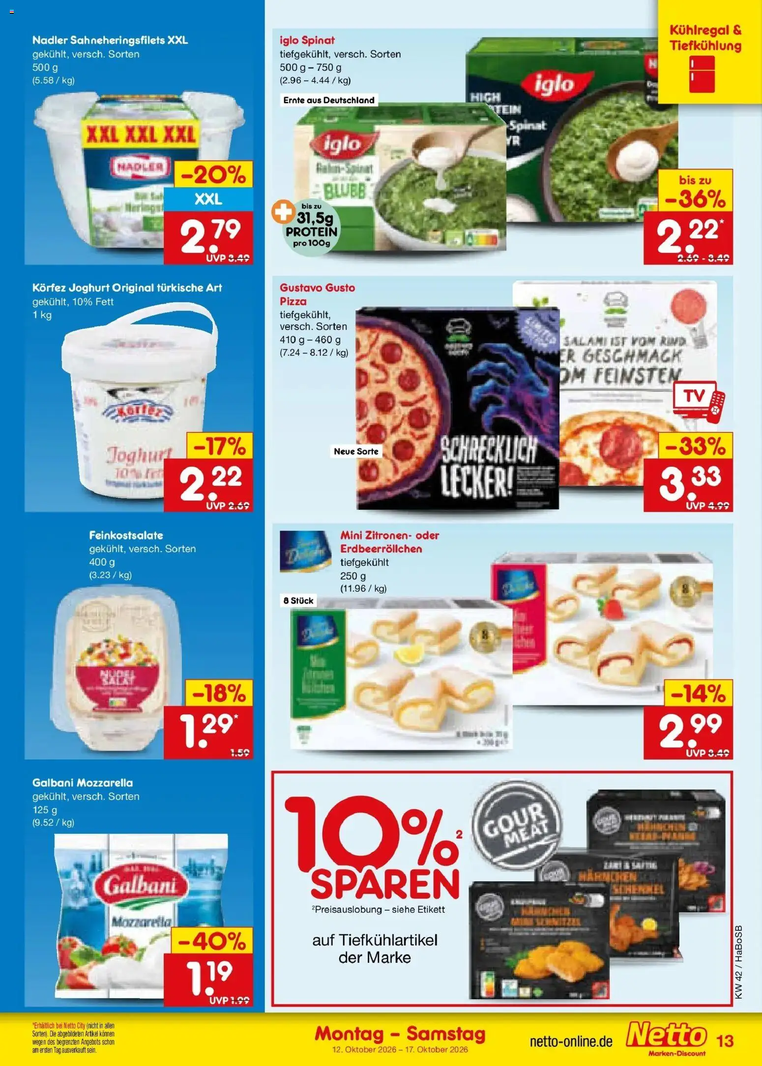 Vorschau von dem Prospekt des Geschäftes Netto Marken-Discount, gültig ab dem 12.10.2026 - Pizza, Joghurt, Mozzarella, Zitronen, Salami, Gustavo gusto, Iglo