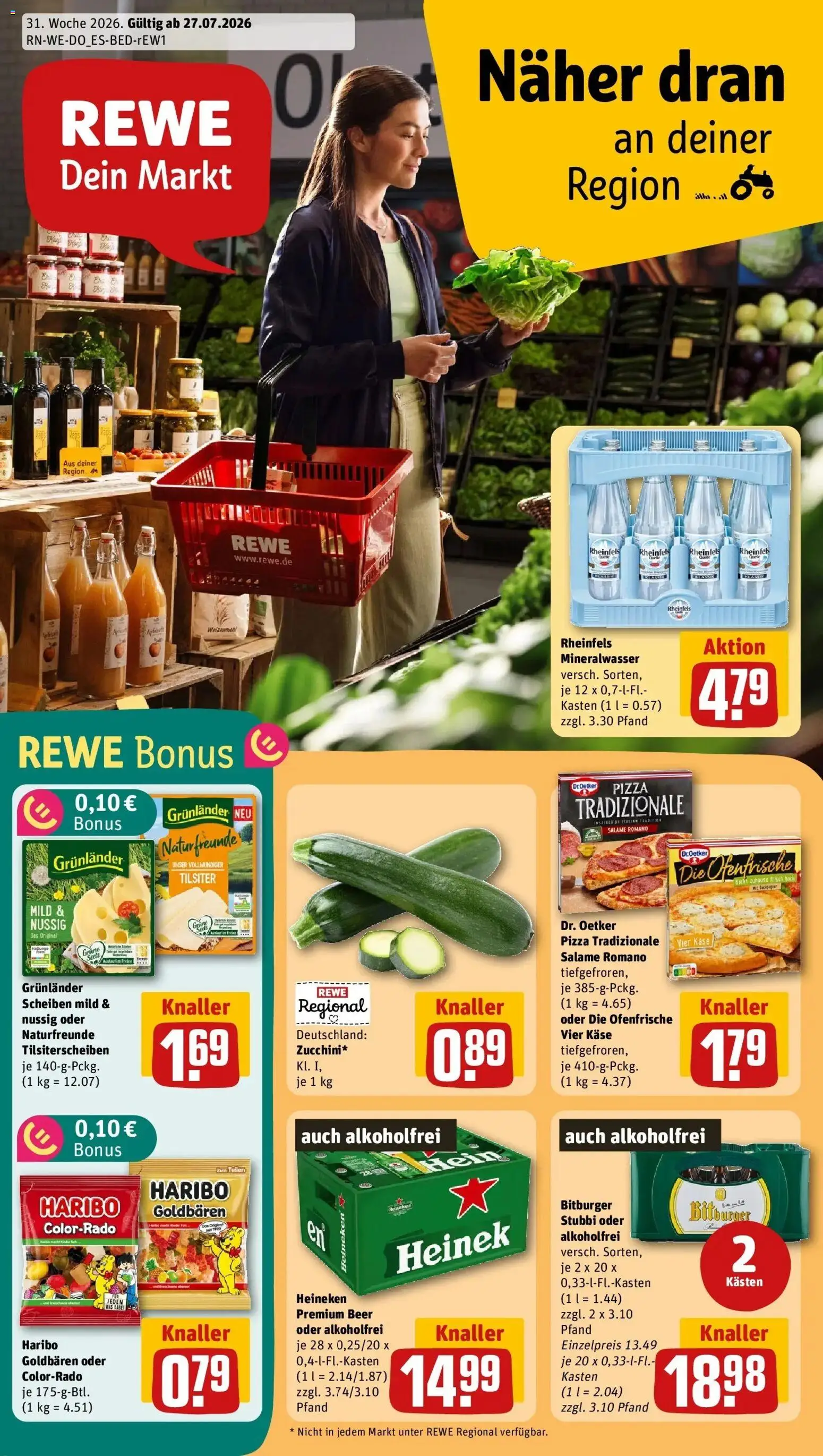 Vorschau von dem Prospekt des Geschäftes Rewe, gültig ab dem 27.07.2026 - Pizza, Käse, Haribo, Mineralwasser, Heineken, Bitburger, Ofenfrische, Grunlander