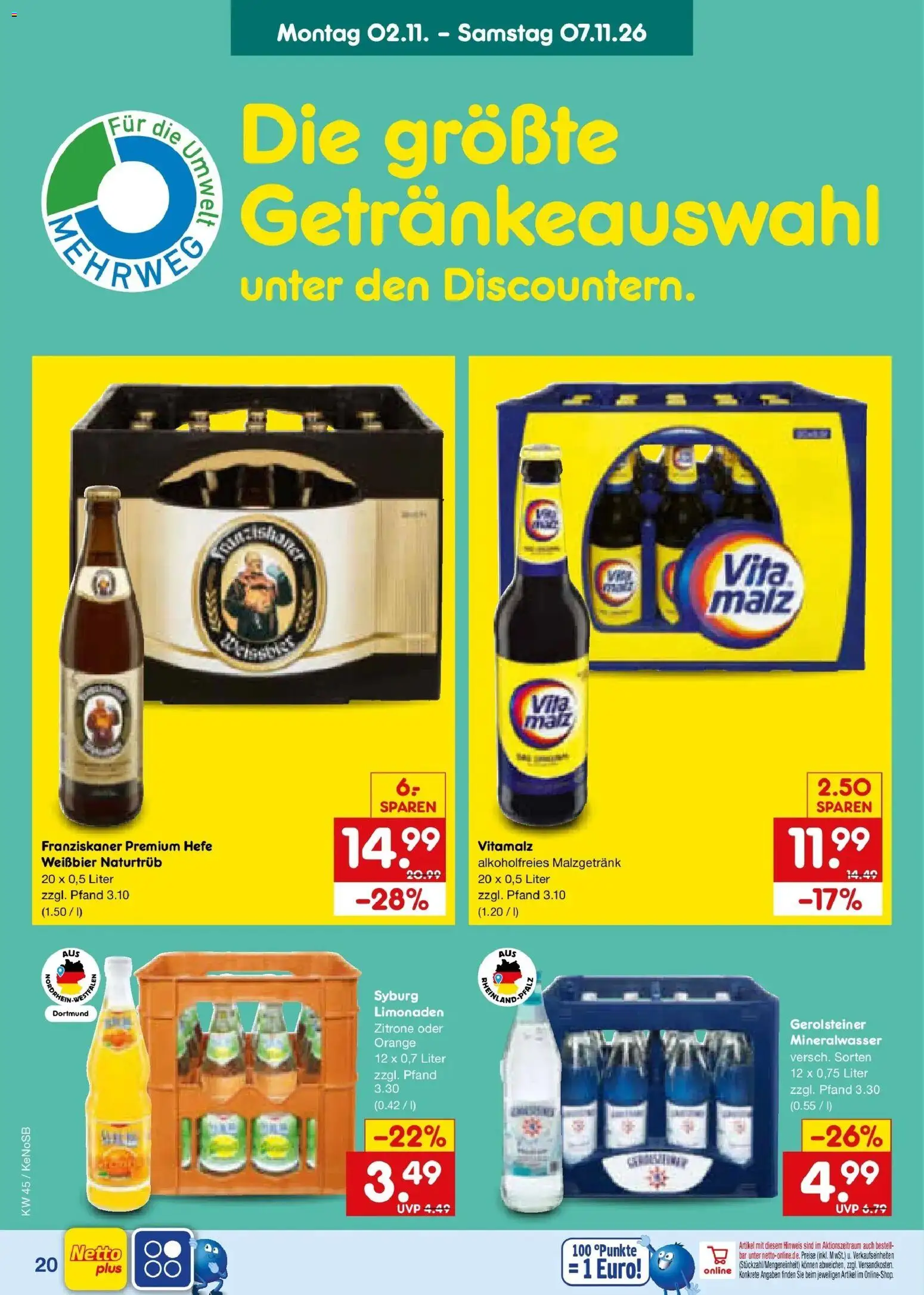Vorschau von dem Prospekt des Geschäftes Netto Marken-Discount, gültig ab dem 02.11.2026 - Mineralwasser, Gerolsteiner, Zitrone, Franziskaner, Weißbier