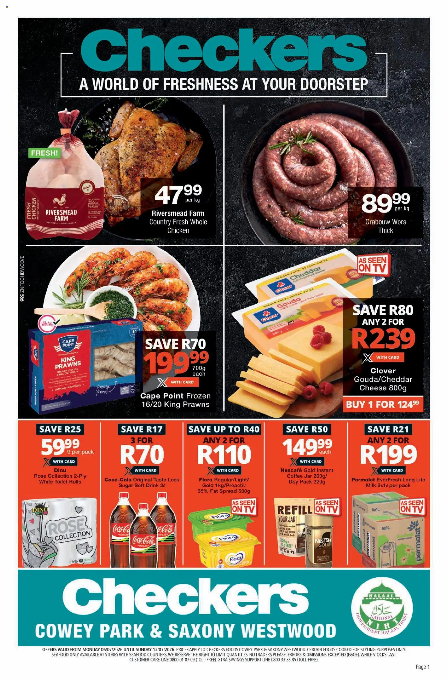 Preview of Checkers flyer valid from 06/07/2026 - Coffee, TV, Chicken, Milk, Cheese, Seafood, Cheddar, Fat spread