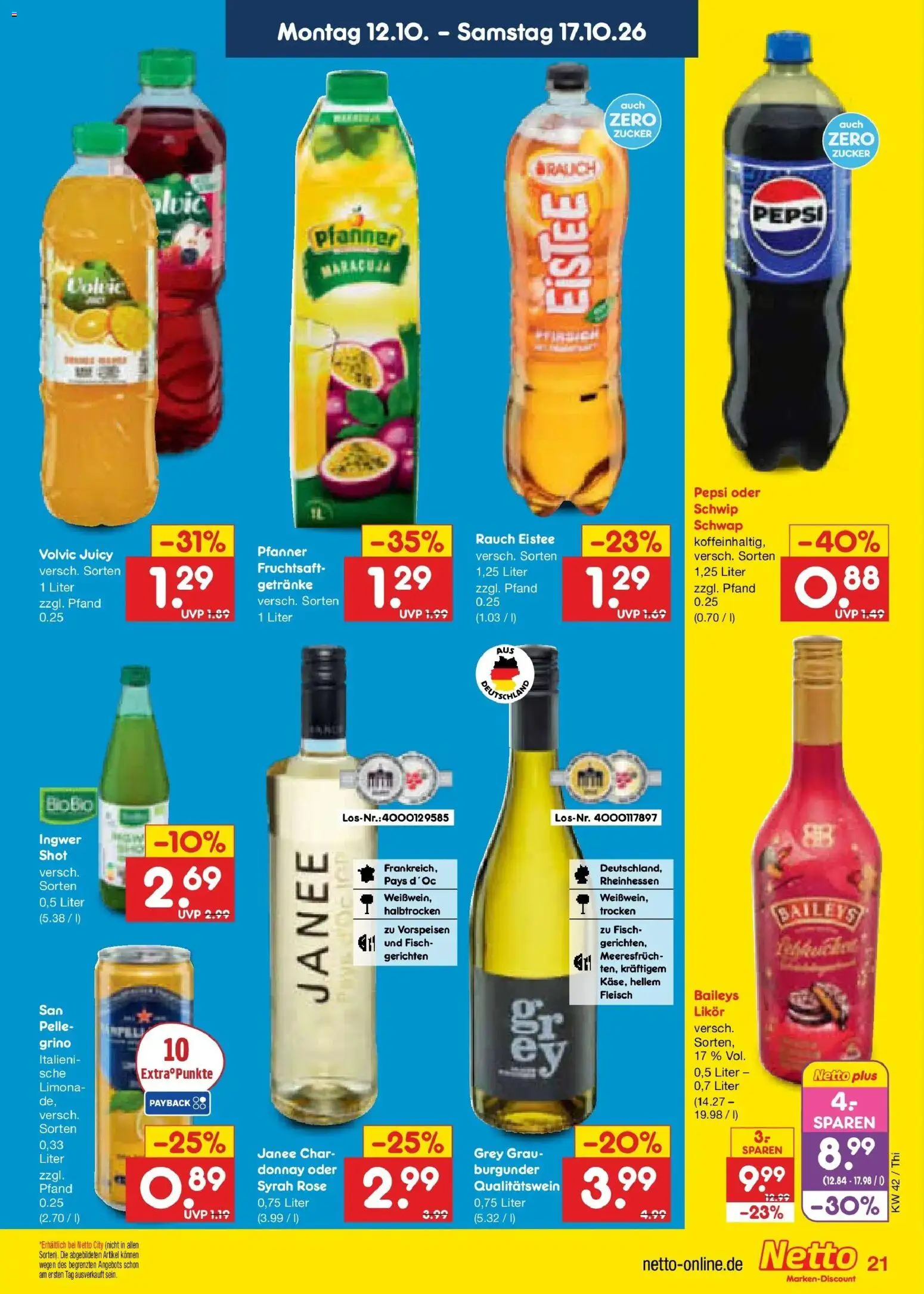 Vorschau von dem Prospekt des Geschäftes Netto Marken-Discount, gültig ab dem 12.10.2026 - Fisch, Baileys, Fleisch, Zucker, Pepsi, Volvic, Likör, Fruchtsaft