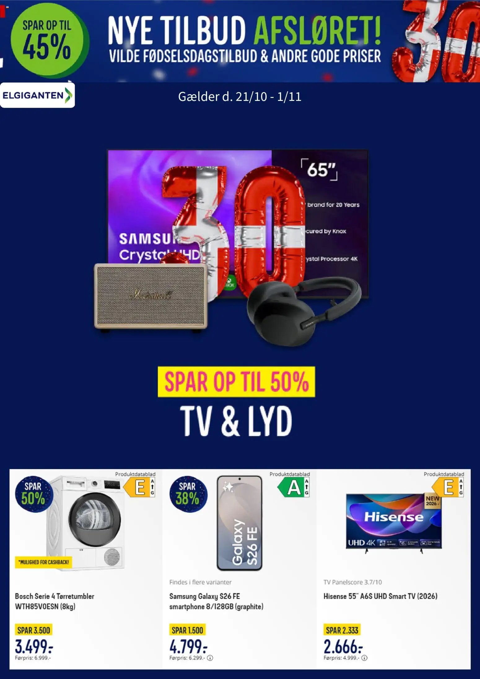 Eksempel på tilbudsavis Elgiganten - Tilbudsavis fra butik Elgiganten gyldig fra 21/10/2026 - TV, Tørretumbler, Smartphone, Smart TV, Lyd, Processor