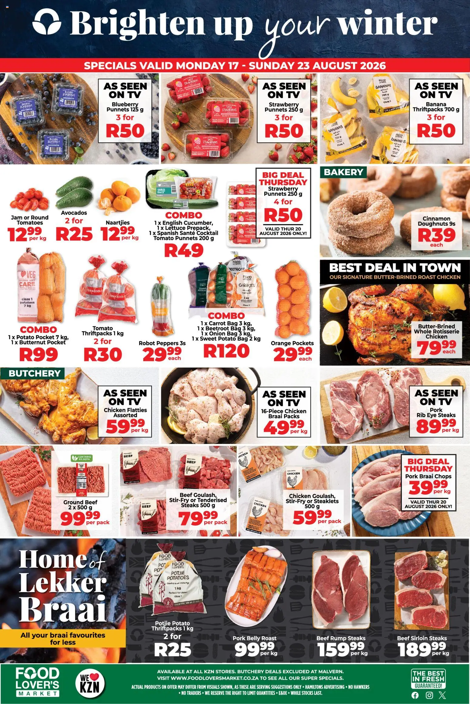 Preview of Food Lover's Market flyer valid from 17/08/2026 - TV, Chicken, Bag, Strawberries, Potatoes, Carrots, Onion, Pork