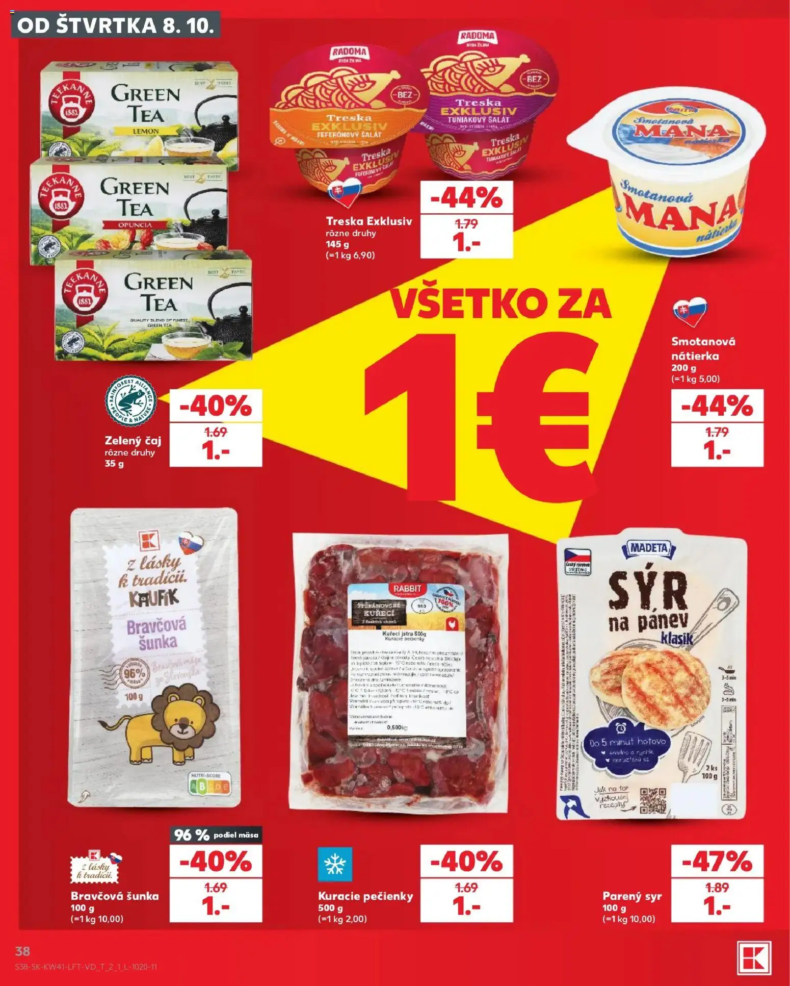 Náhľad Kaufland letáku platného od 08.10.2026 - Syr, Šalát, Čaj, Treska, Zelený čaj, Šunka, Tuniakový šalát, Nátierka