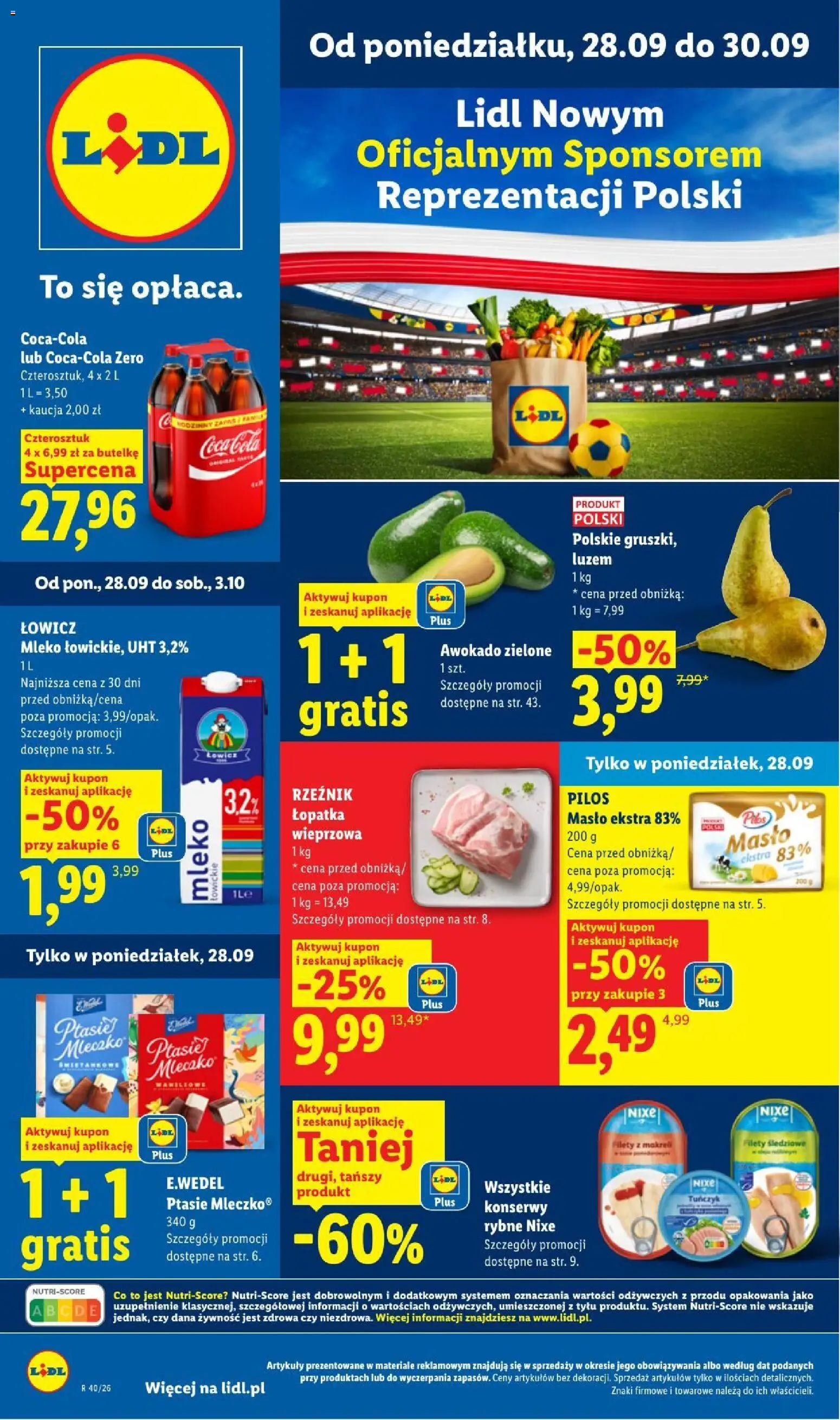Pogląd gazetki "Lidl gazetka" ze sklepu Lidl ważnej od 28.09.2026 - Masło, Mleko, Awokado, Żywność, Ptasie mleczko, Tuńczyk, Łopatka wieprzowa, Konserwy rybne