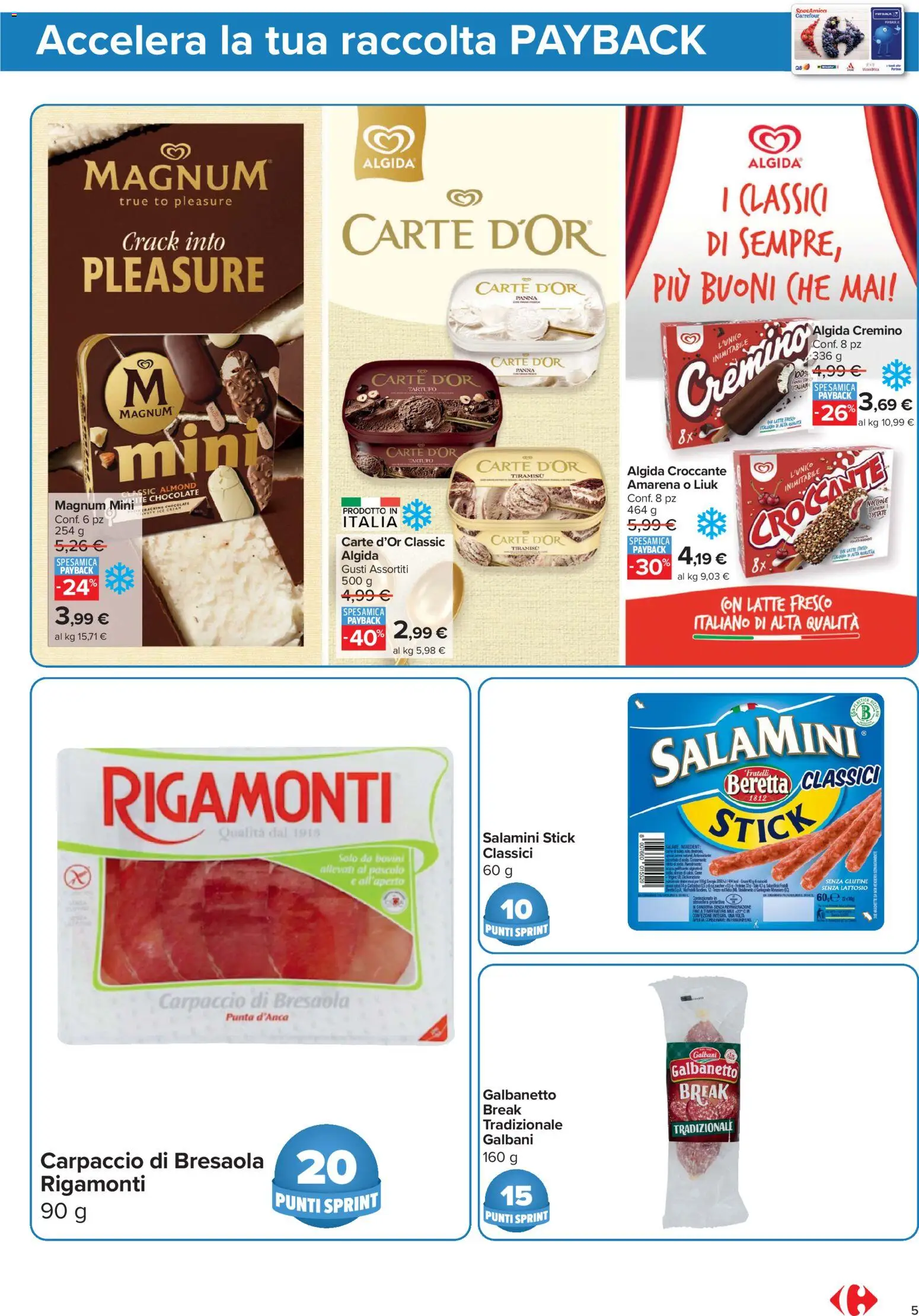 Anteprima dell'opuscolo Carrefour volantino Market - Punti Sprint Payback dal negozio Carrefour valido da 23/10/2026 - Senza glutine, Bresaola, Tiramisù, Carpaccio, Nocciole, Magnum, Panna, Amarena