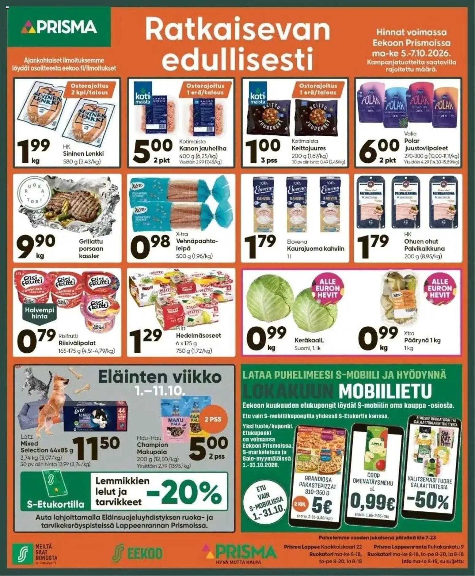 Kaupan Prisma Prisma tarjoukset esikatselu, voimassa 05/10/2026 - Jauheliha, Leipä, Kaurajuoma, Risifrutti