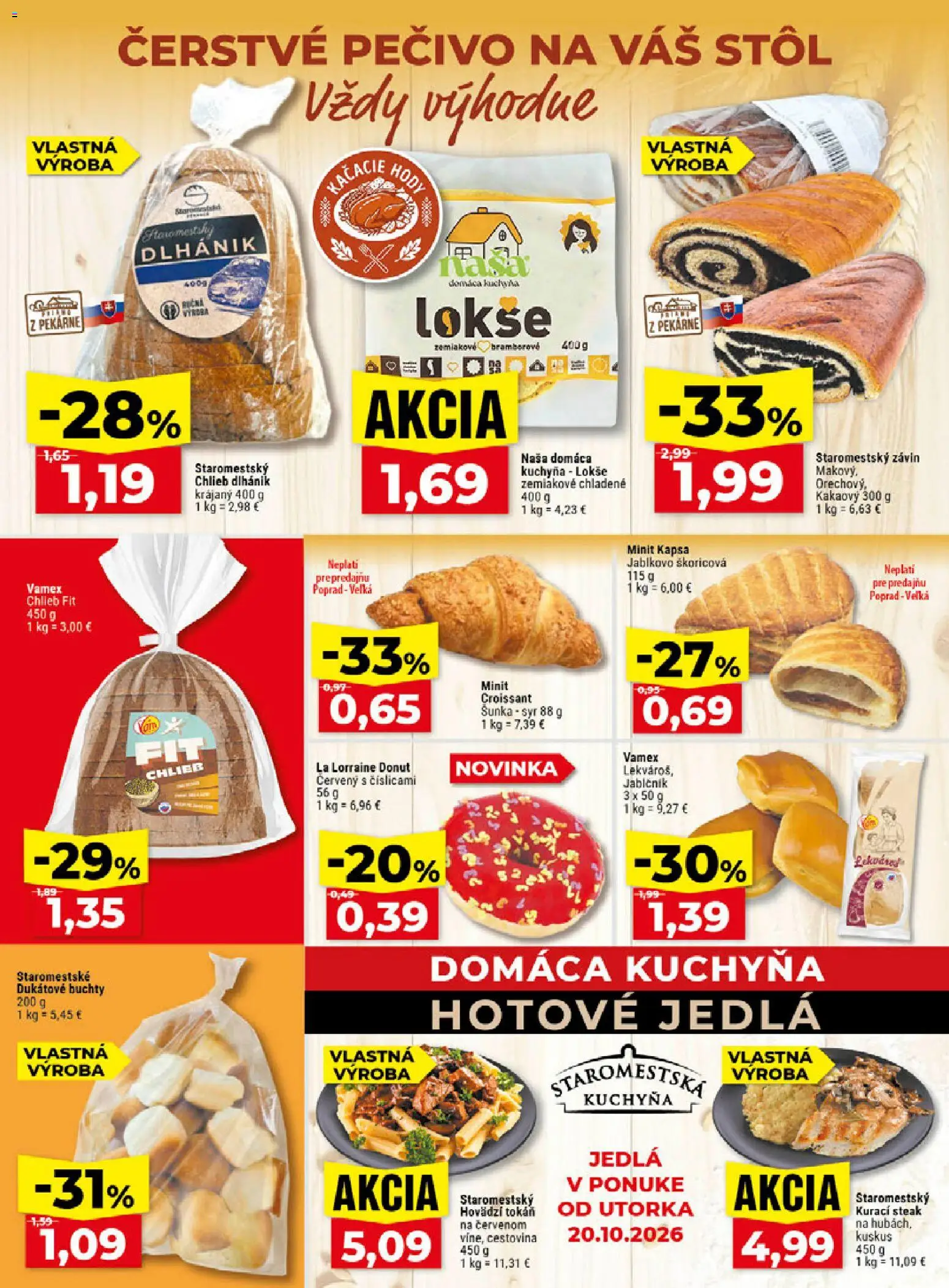 Náhľad Klas letáku platného od 19.10.2026 - Kuchyňa, Steak, Croissant, Stôl, Donut, Šunka, Závin, Pečivo