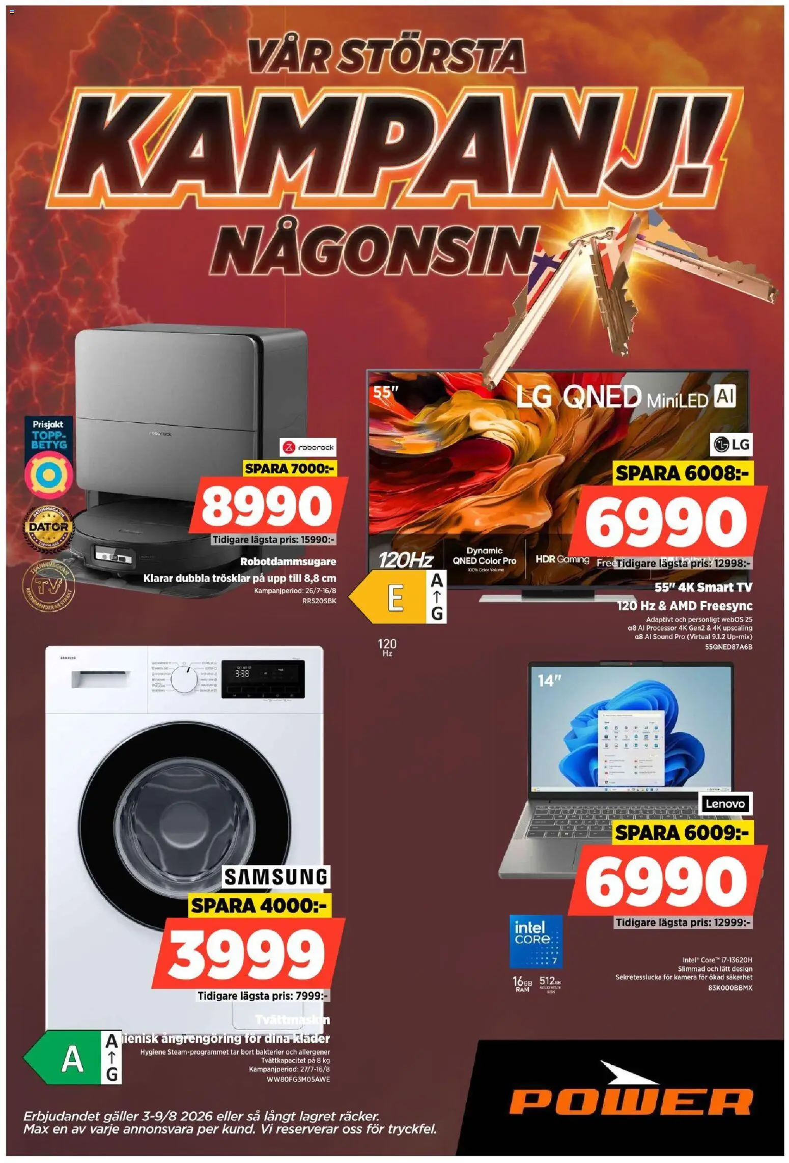 Förhandsgranska reklamblad Power erbjudanden från butik Power gäller från 03/08/2026 - Tv, Kläder, Robotdammsugare, Tvättmaskin, Dator, Kamera, Topp, Galler