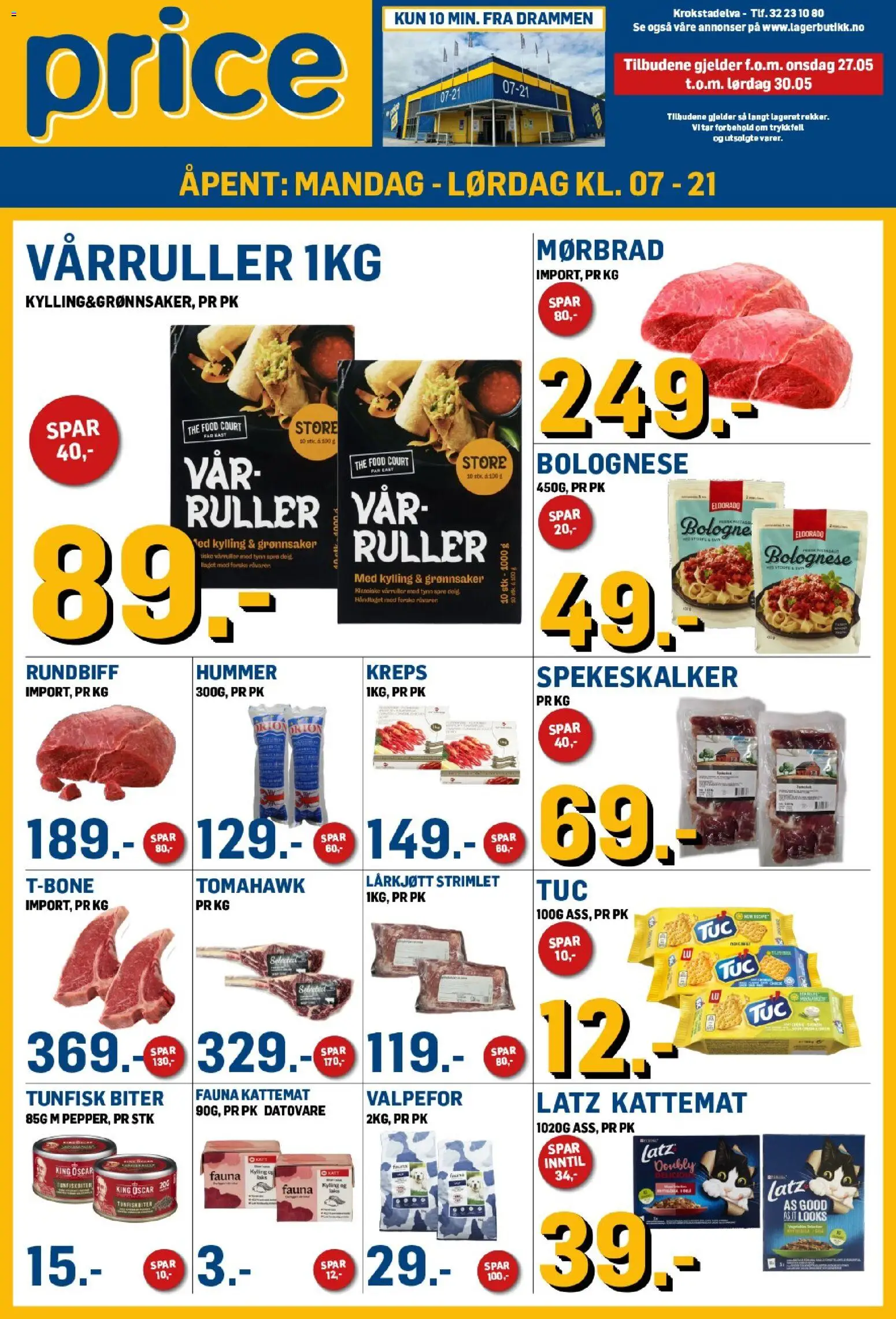 Forhåndsvis Price Lagerbutikk kundeavis fra butikk Price Lagerbutikk gyldig fra 27/05/2026 - Mørbrad, Kylling, Kattemat, Tunfisk, Kreps, Vårruller, Hummer, Tomahawk
