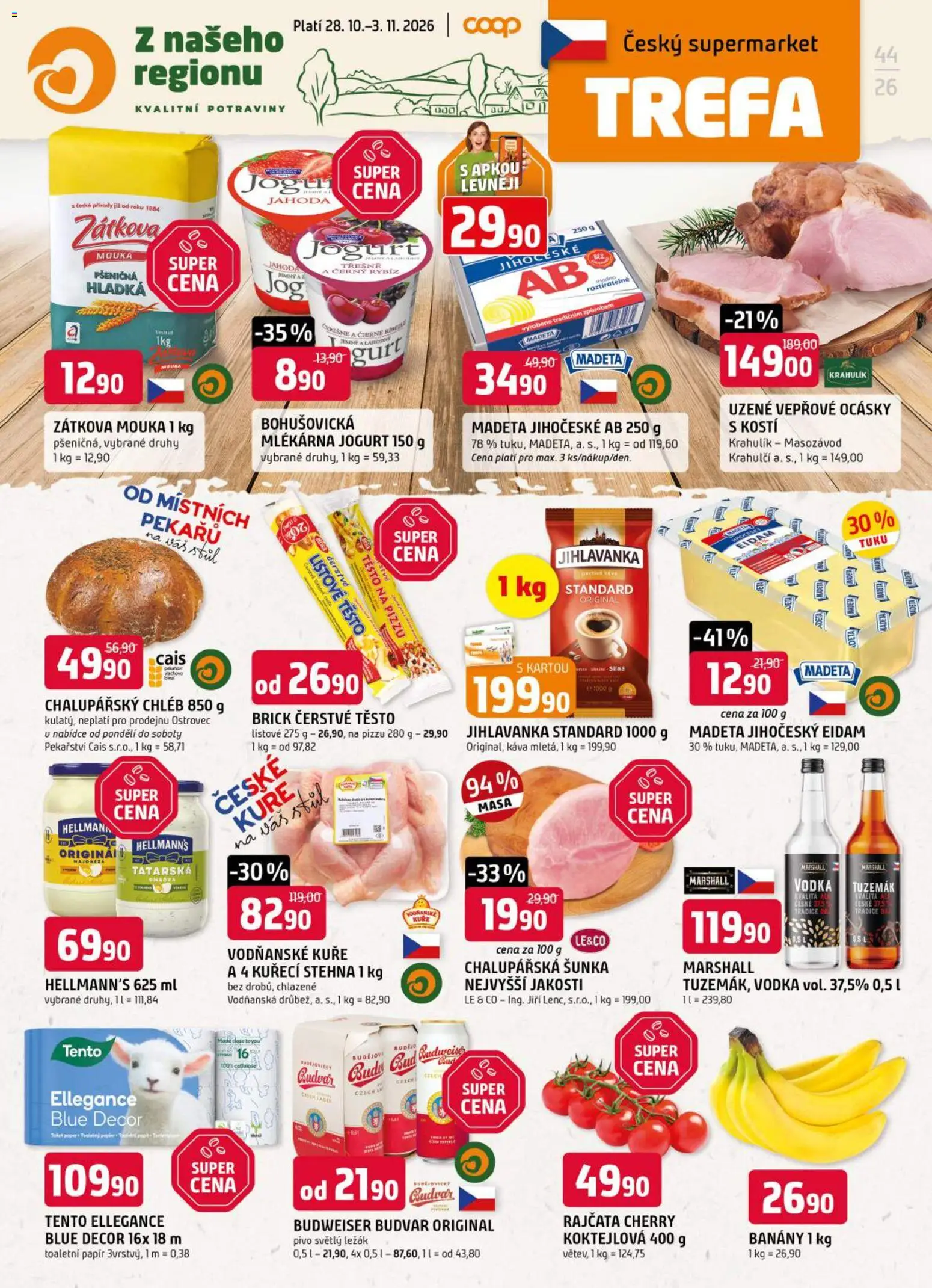 Náhled nabídky: Trefa Trefa leták platný od 28.10.2026 - Listové těsto, Vodka, Čočka, Budvar, Šunka, Toaletní papír, Mouka, Rajčata
