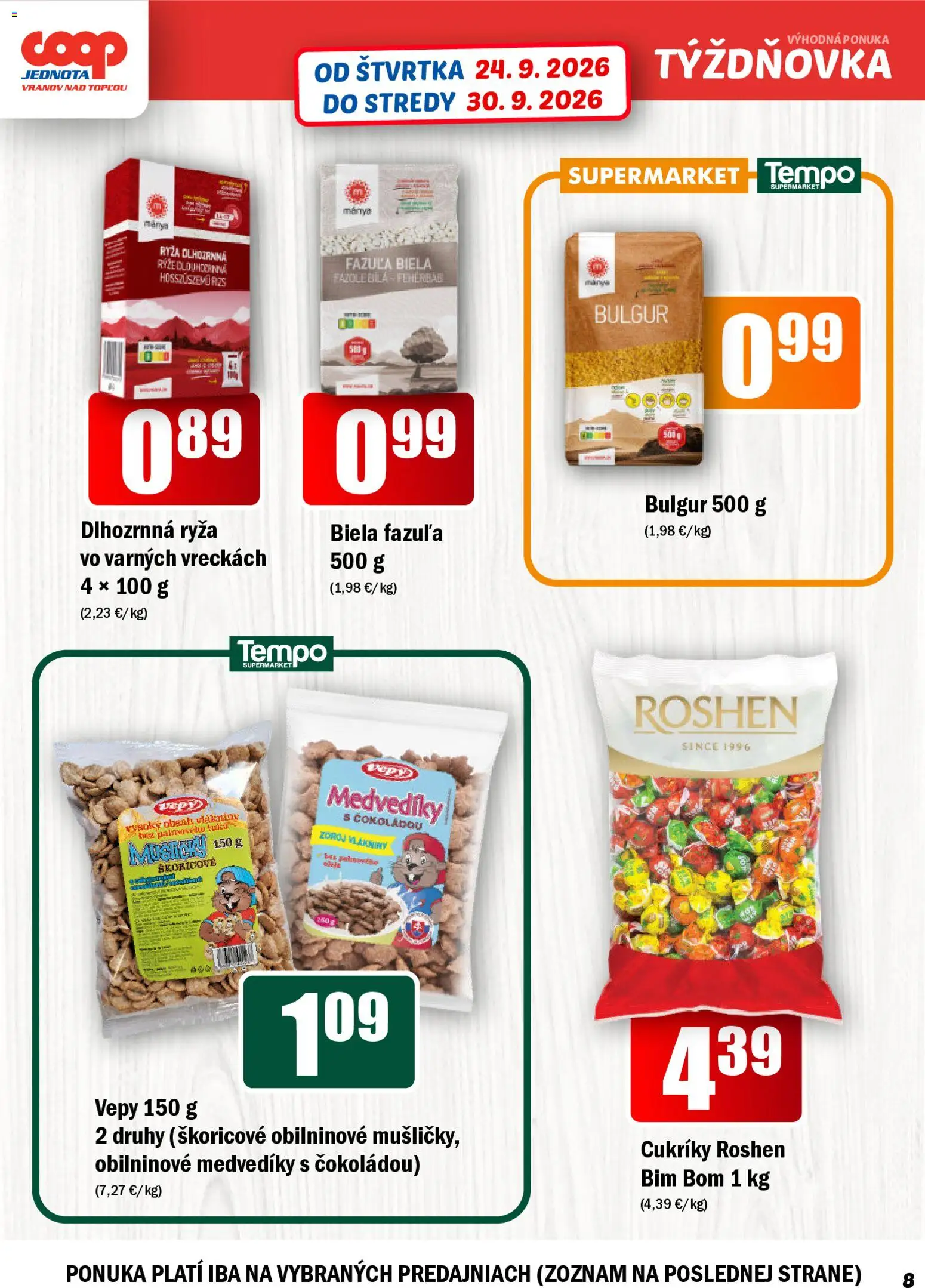 Náhľad COOP Jednota letáku platného od 24.09.2026 - Ryža, Fazuľa, Cukríky