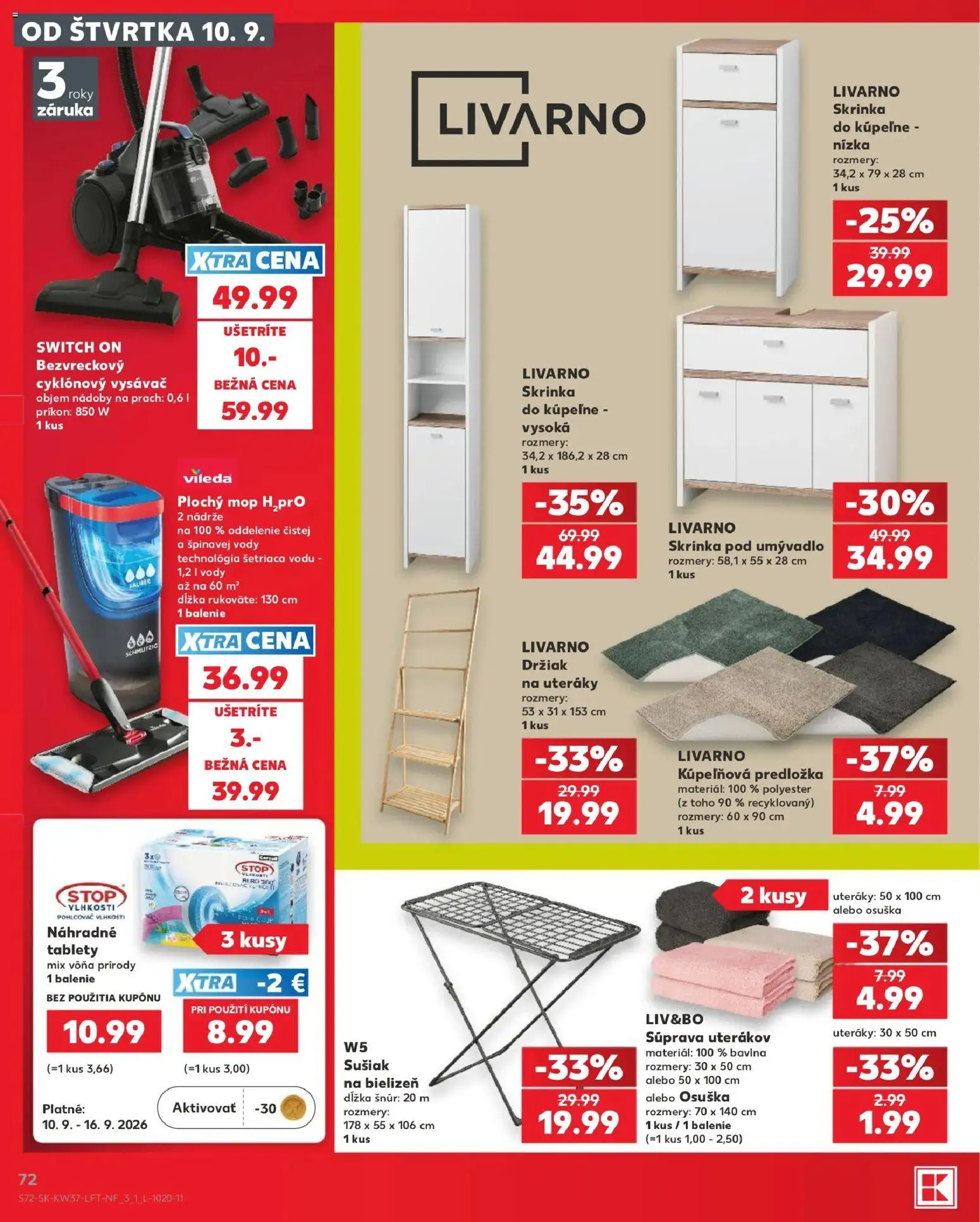 Náhľad Kaufland letáku platného od 10.09.2026 - Vysávač, Mop, Skrinka do kúpeľne, Umývadlo, Skrinka, Držiak na uteráky, Pohlcovač vlhkosti, Osuška