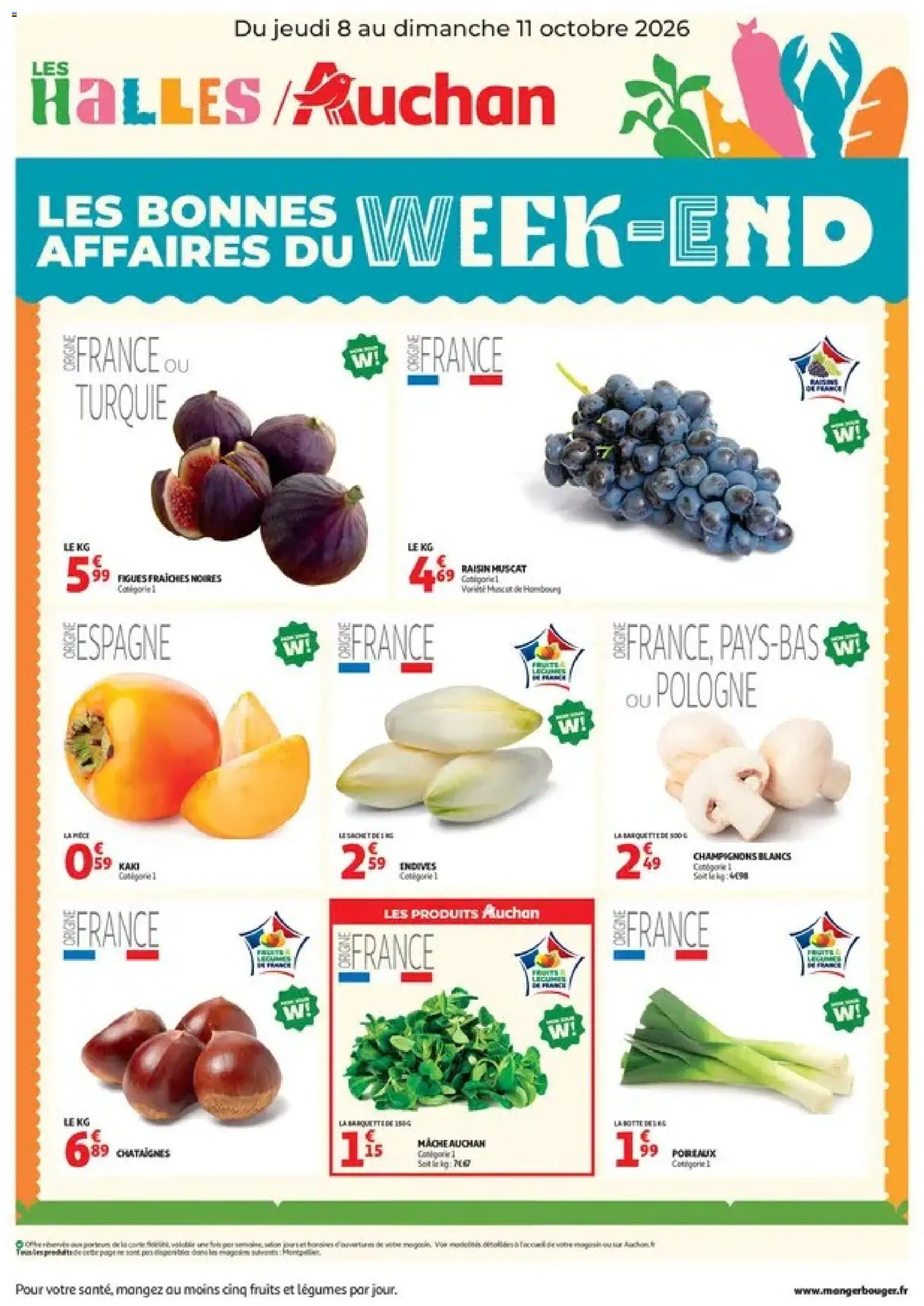 Prévisualisation de Auchan les bons plans du week-end dans votre hyper du magasin Auchan formulaire valide 08/10/2026 - Fruits, Kaki, Châtaignes, Endives, Raisin, Champignons, Mâche, Figues fraiches
