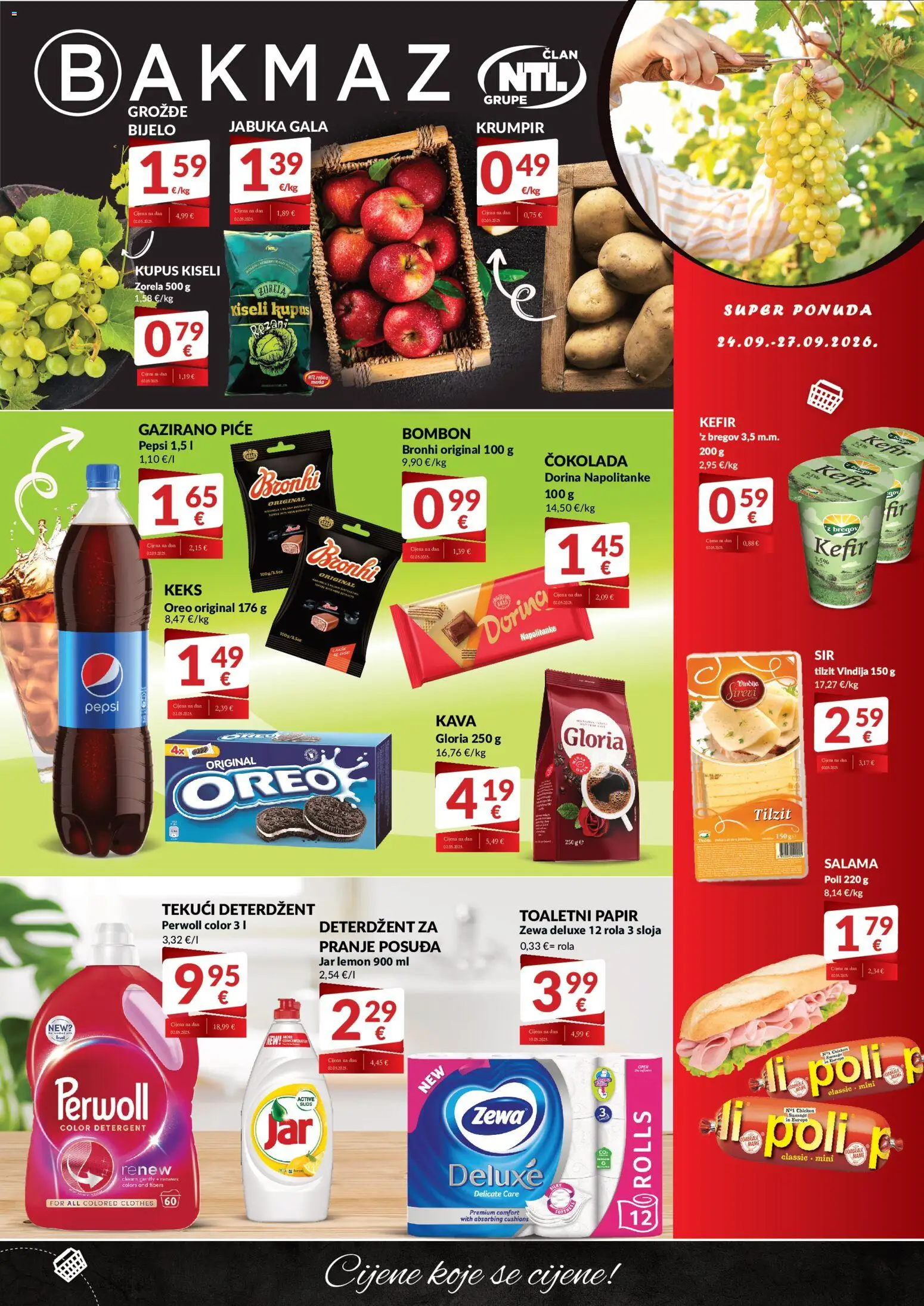 Pregled letka Bakmaz Ponuda trgovine Bakmaz vrijedi od 24.09.2026 - Kava, Jabuka, Kefir, Keks, Salama, Pepsi, Deterdžent, Perwoll