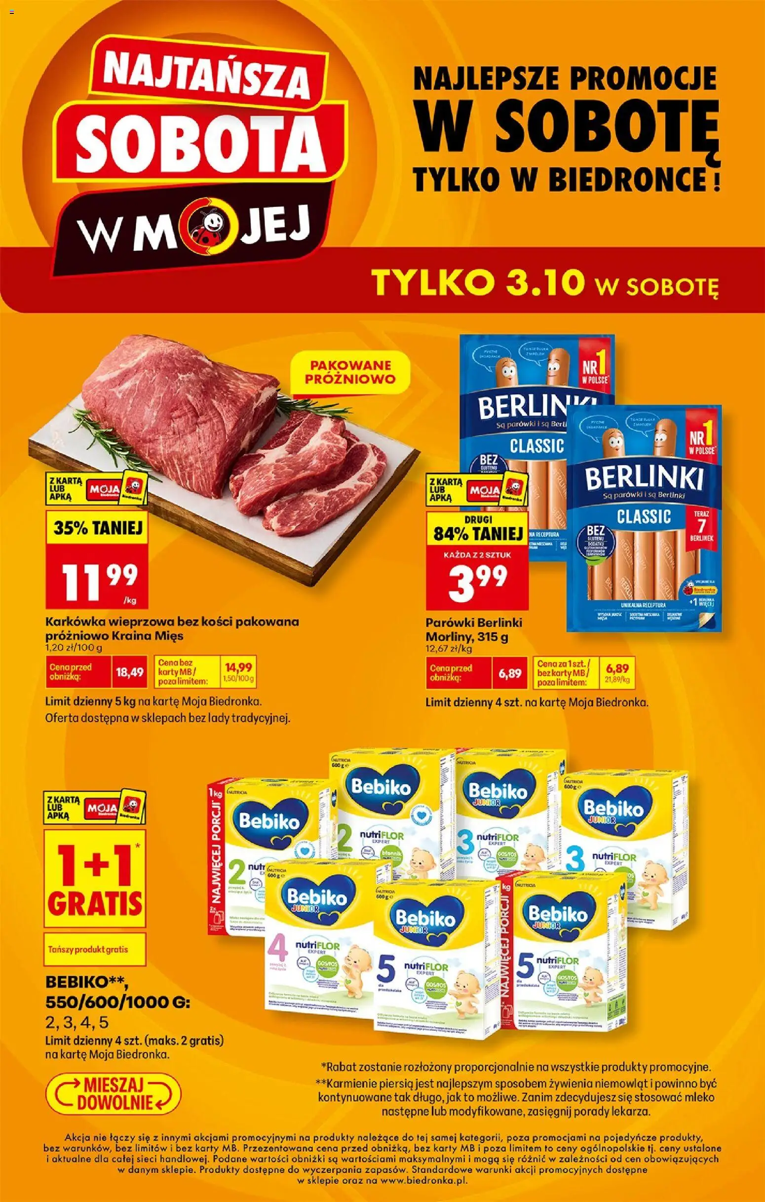 Pogląd gazetki "Biedronka gazetka - Najtańsza sobota" ze sklepu Biedronka ważnej od 03.10.2026 - Mleko, Karkówka, Bebiko, Parówki, Berlinki, Parówki berlinki, Karkówka wieprzowa, Kraina mięs