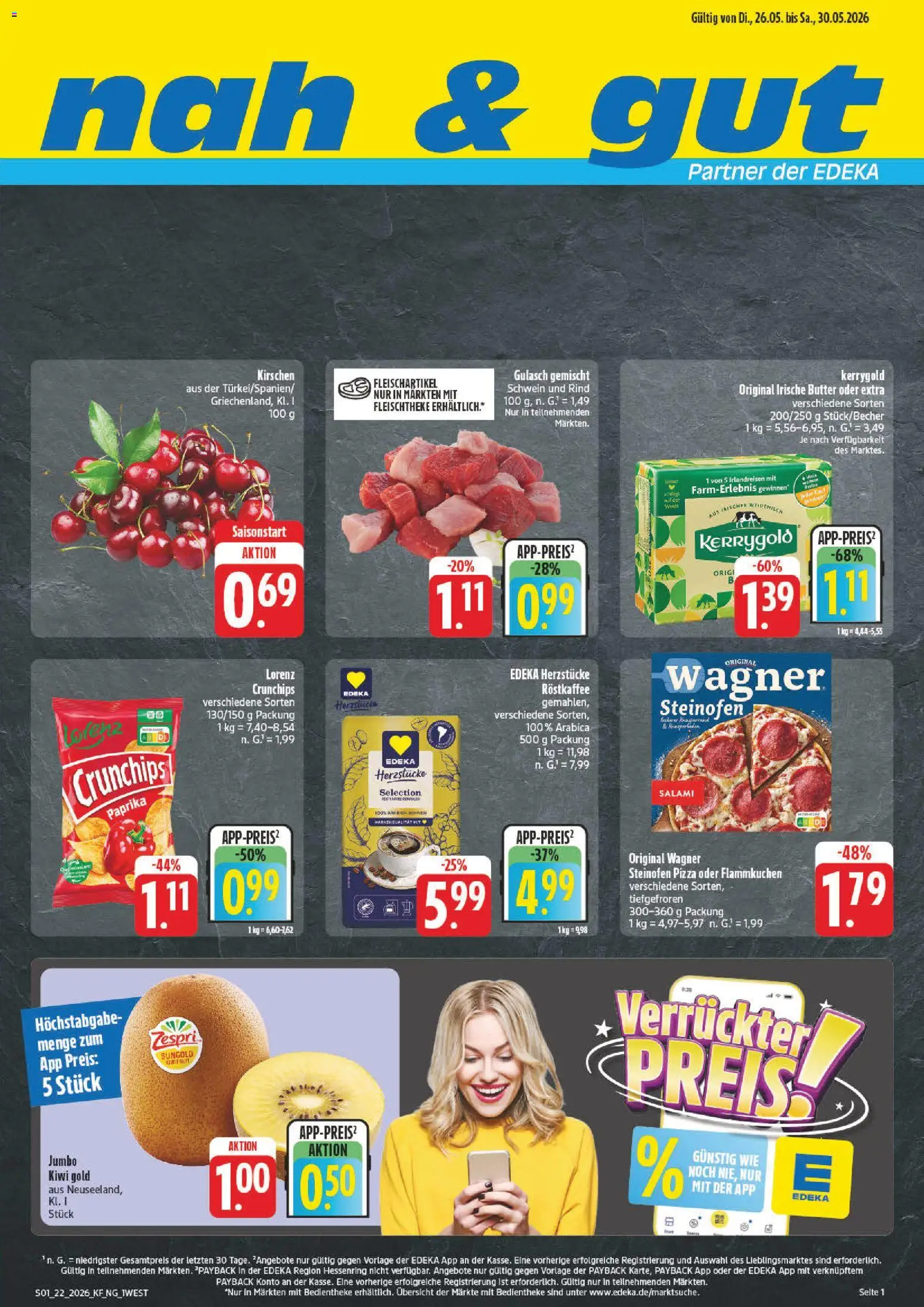 Vorschau von dem Prospekt des Geschäftes nah & gut, gültig ab dem 26.05.2026 - Pizza, Butter, Gulasch, Kiwi, Kirschen, Paprika, Salami