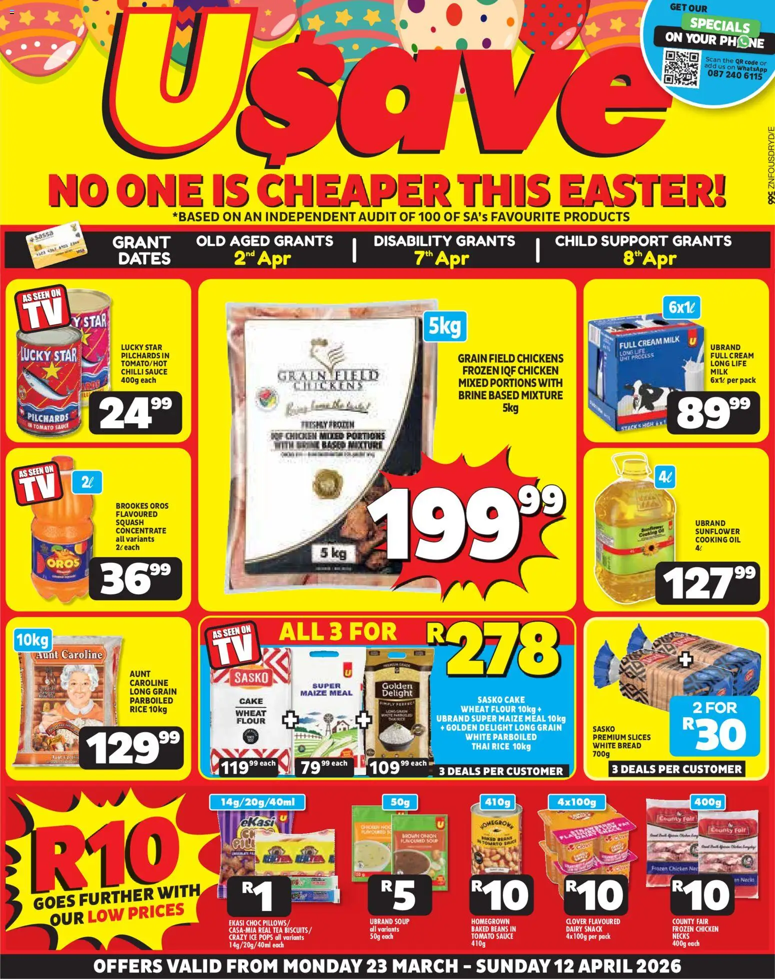 Preview of Usave flyer valid from 23/03/2026 - Milk, Cream, Maize meal, Soup, Tomato sauce, Pilchards, Sauce, Frozen chicken