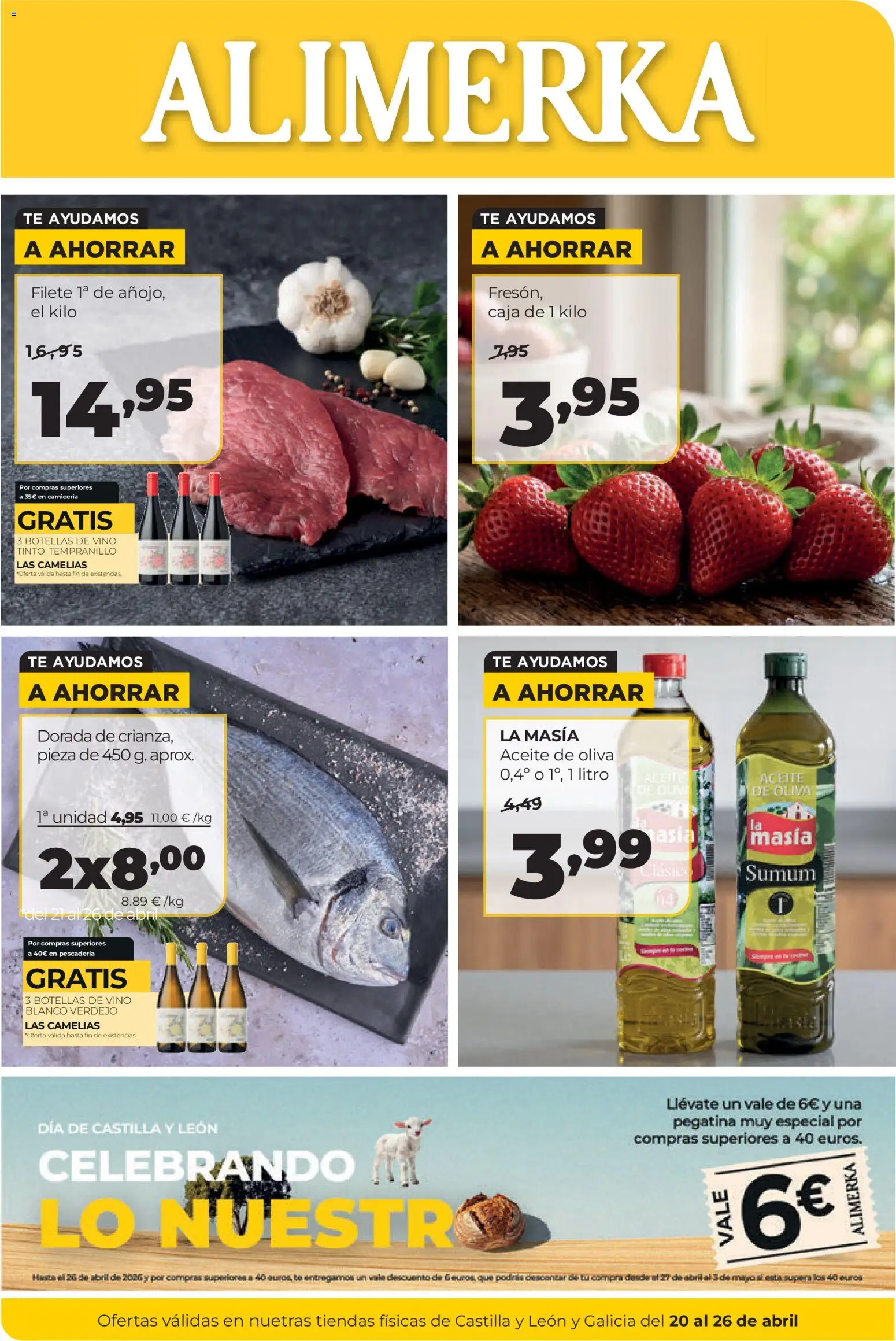 Vista previa del folleto de la tienda Alimerka válido desde el 20/04/2026 - Aceite de oliva, Té, Vino, Aceite, Vino tinto, Caja, Vino blanco, Filete